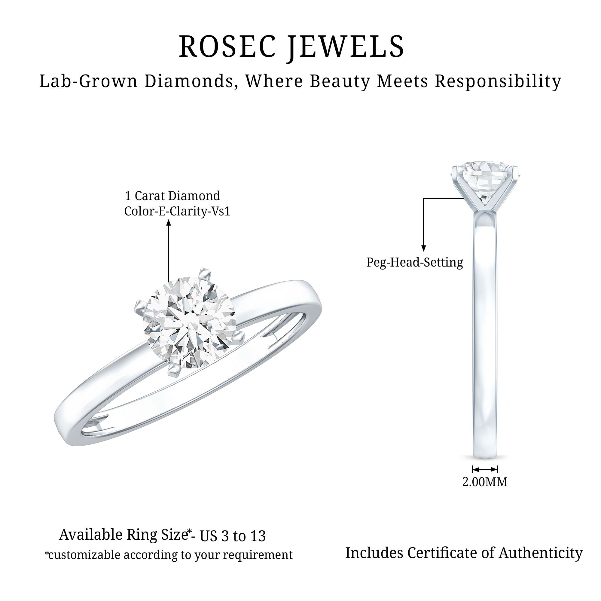 Peg Head Set 1 Carat Lab Grown Diamond Solitaire Ring with IGI Certificate Lab - ( E-VS1 ) - Rosec Jewels