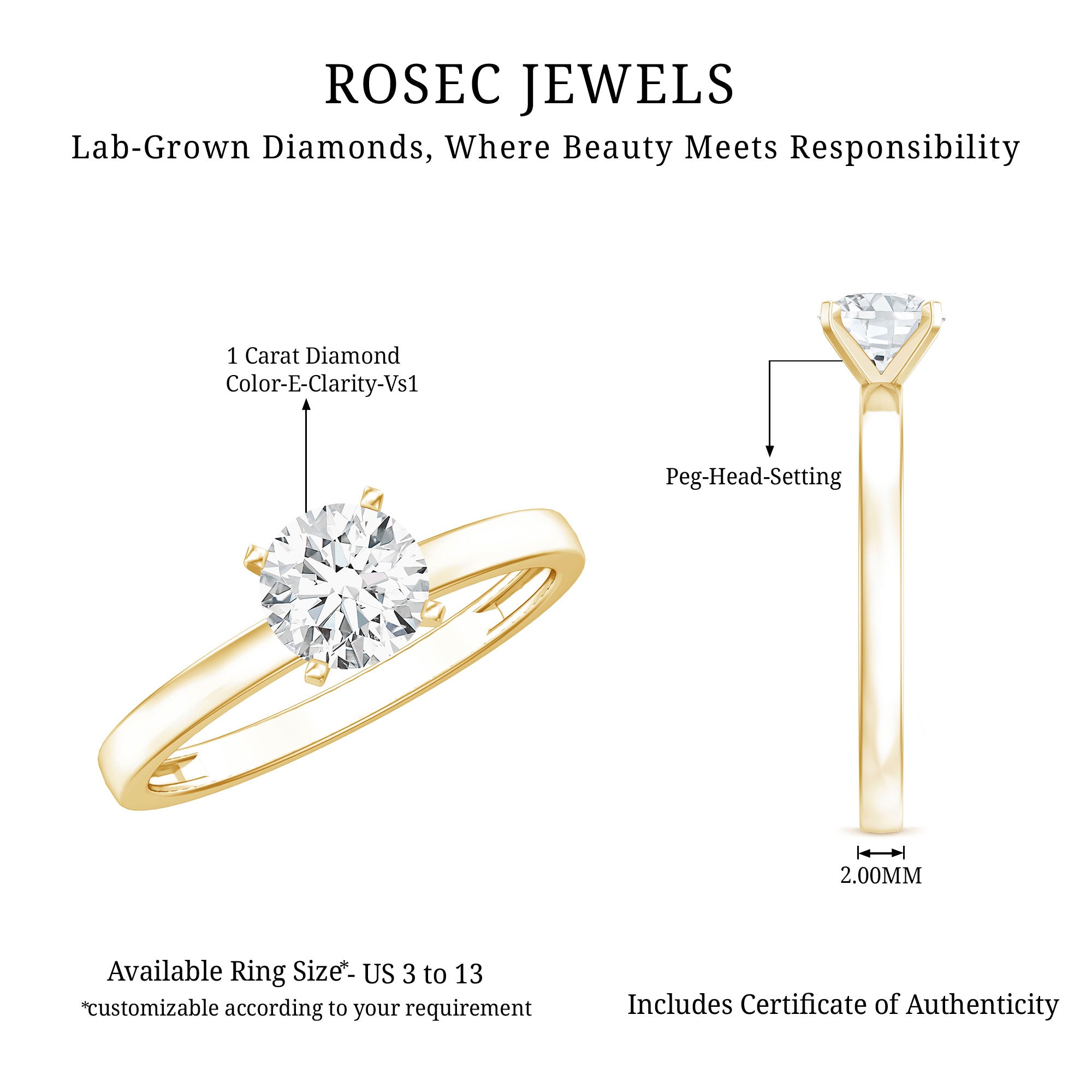 Peg Head Set 1 Carat Lab Grown Diamond Solitaire Ring with IGI Certificate Lab - ( E-VS1 ) - Rosec Jewels