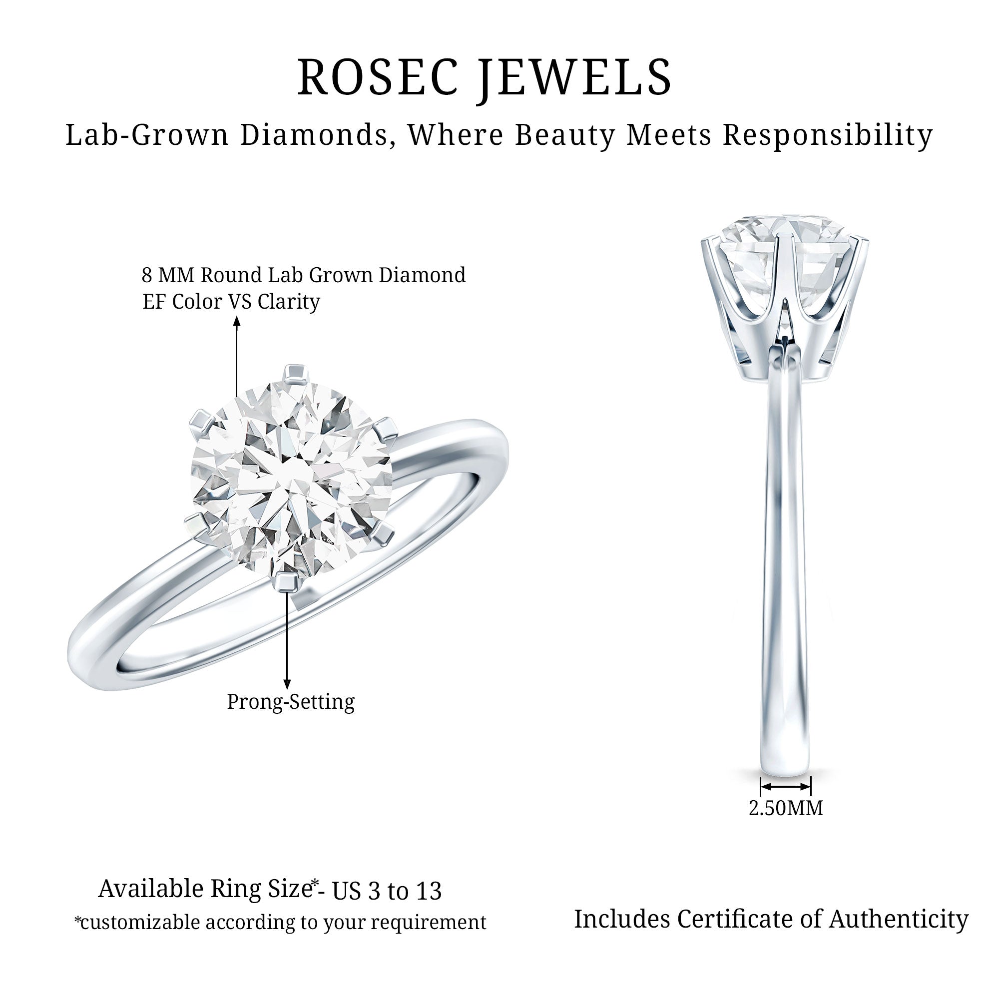 IGI Certified Lab Grown Diamond 2 CT Engagement Ring for Women Lab - ( E-VS1 ) - Rosec Jewels