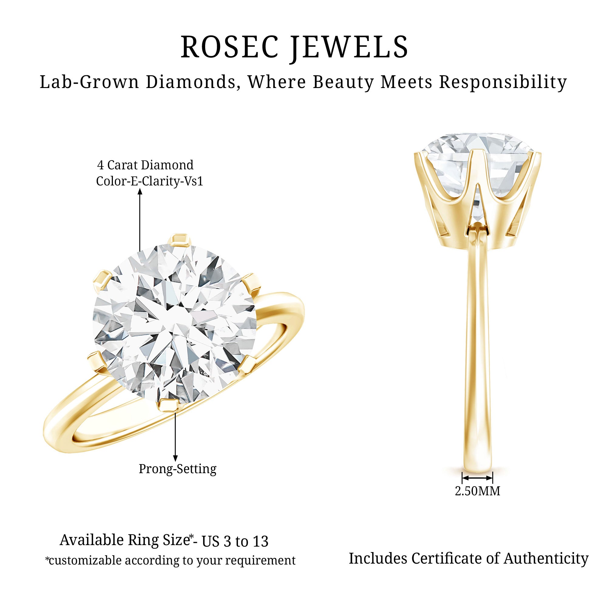 4 Carat Lab Created Diamond Solitaire Engagement Ring with IGI Certificate Lab - ( E-VS1 ) - Rosec Jewels