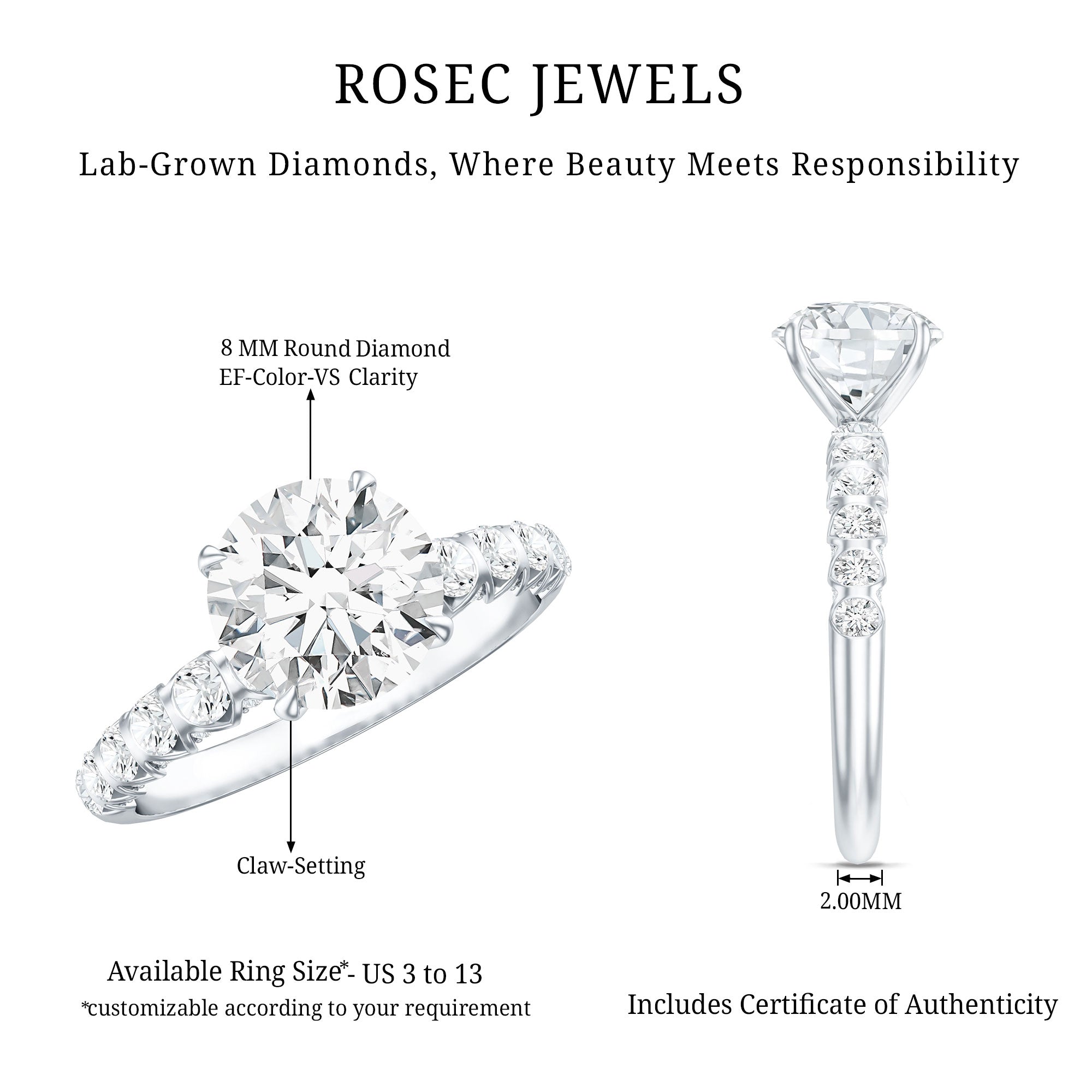 2 Carat Lab Grown Diamond Round Engagement Ring with IGI Certificate Lab - ( E-VS1 ) - Rosec Jewels