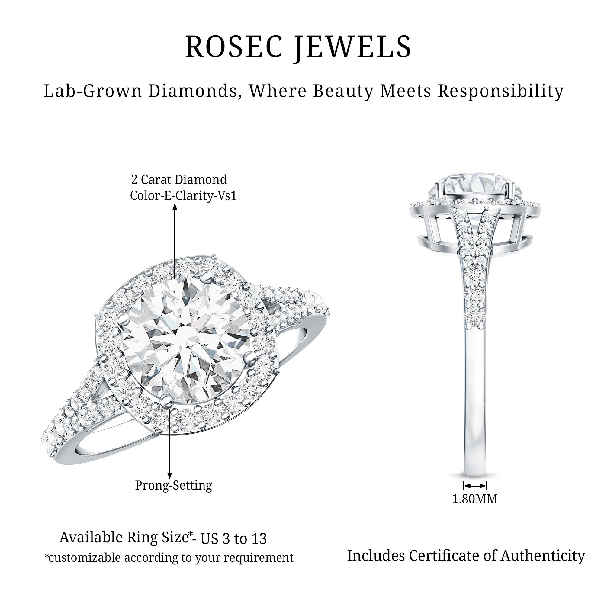 IGI Certified 2 Carat Round Lab Grown Diamond Statement Engagement Ring Lab - ( E-VS1 ) - Rosec Jewels