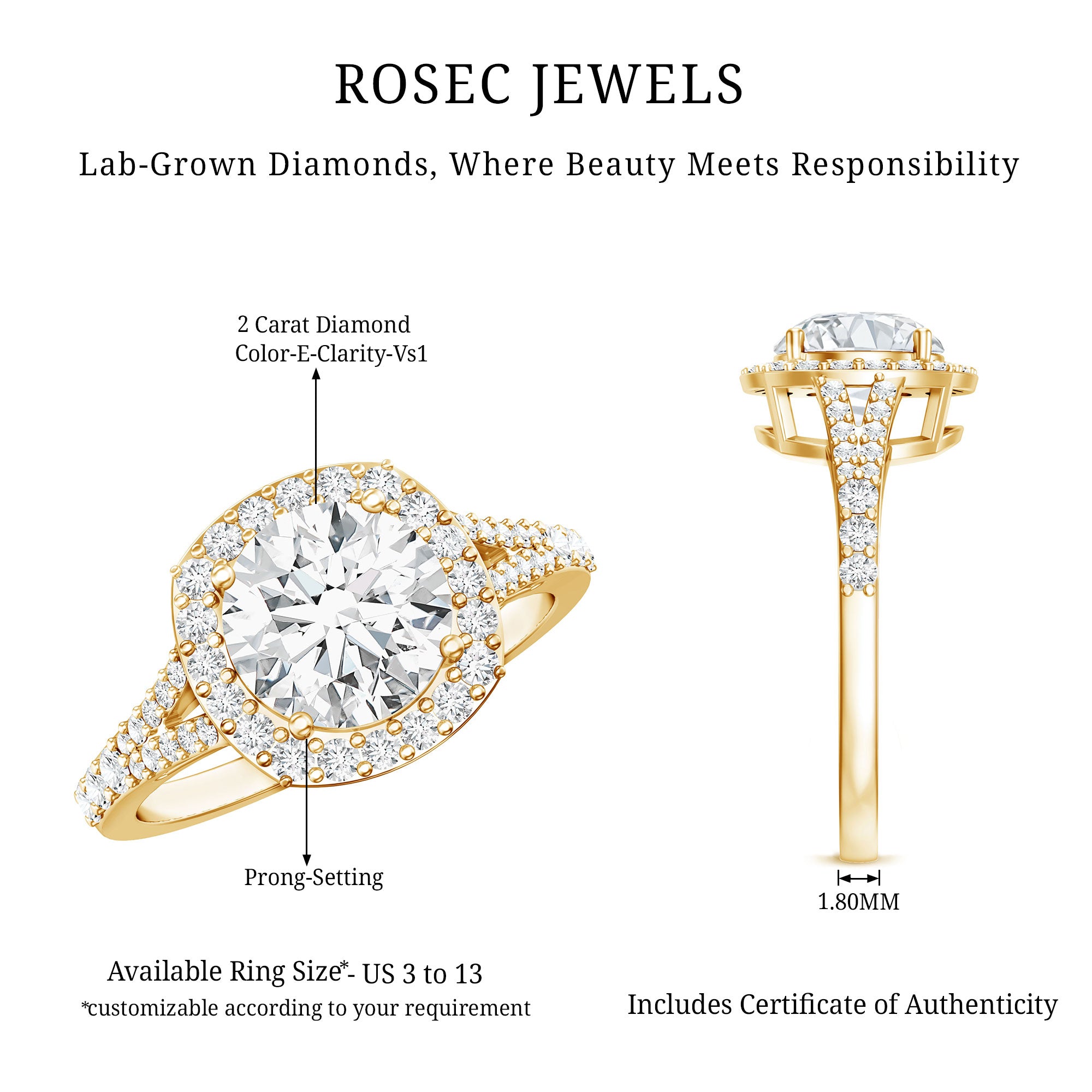 IGI Certified 2 Carat Round Lab Grown Diamond Statement Engagement Ring Lab - ( E-VS1 ) - Rosec Jewels