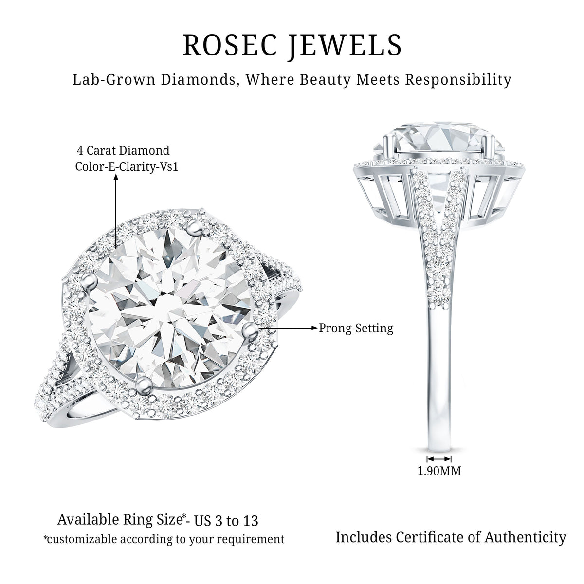 IGI Certified Lab Grown Diamond Statement Engagement Ring with Split Shank Lab - ( E-VS1 ) - Rosec Jewels