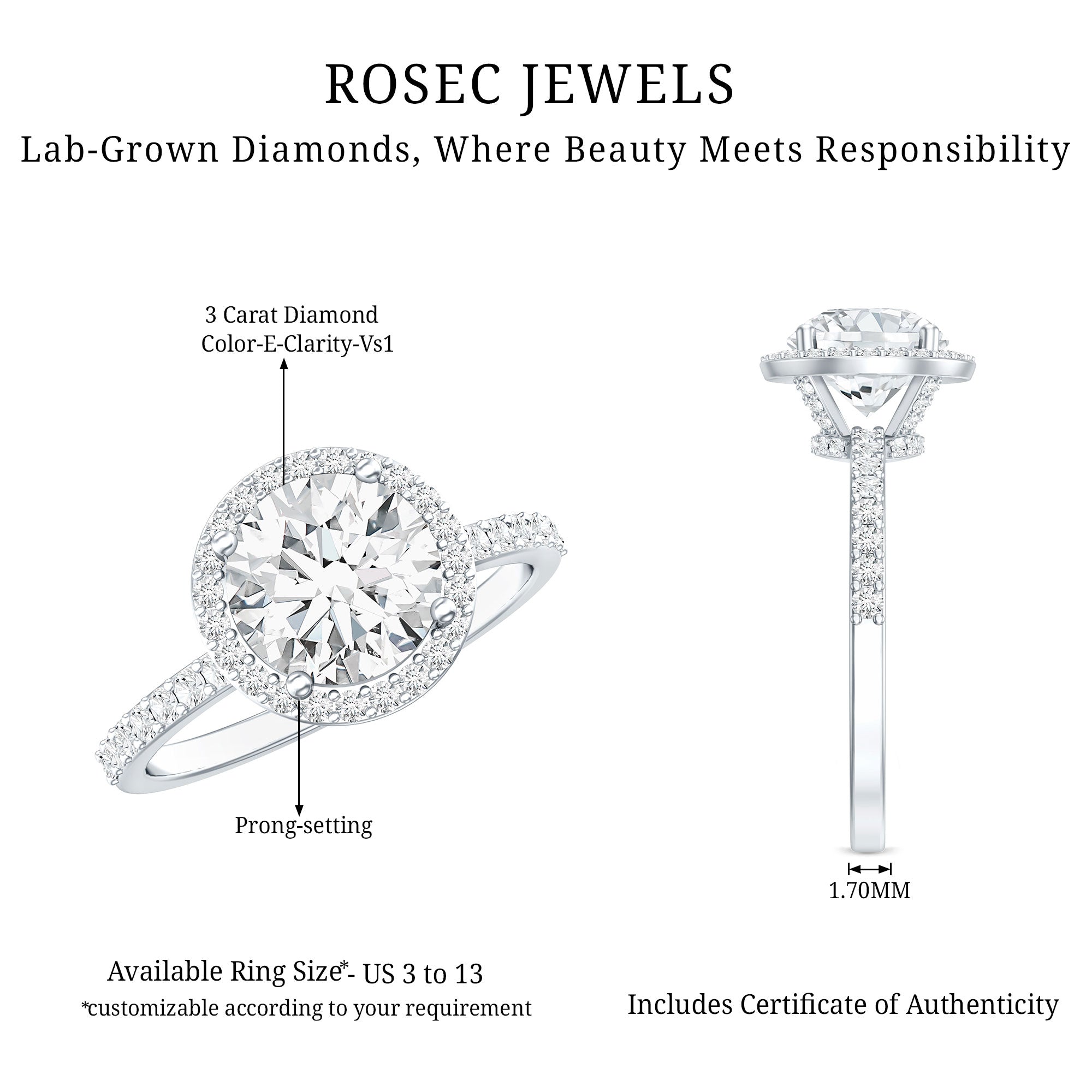 3 Carat IGI Certified Lab Grown Diamond Engagement Ring Lab - ( E-VS1 ) - Rosec Jewels