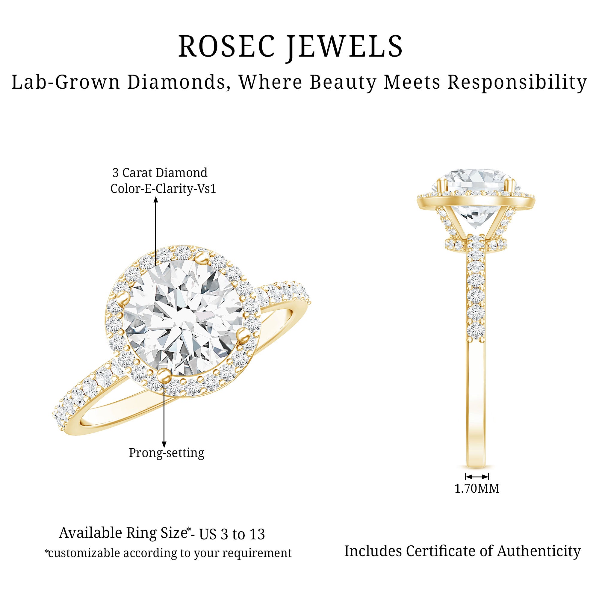 3 Carat IGI Certified Lab Grown Diamond Engagement Ring Lab - ( E-VS1 ) - Rosec Jewels