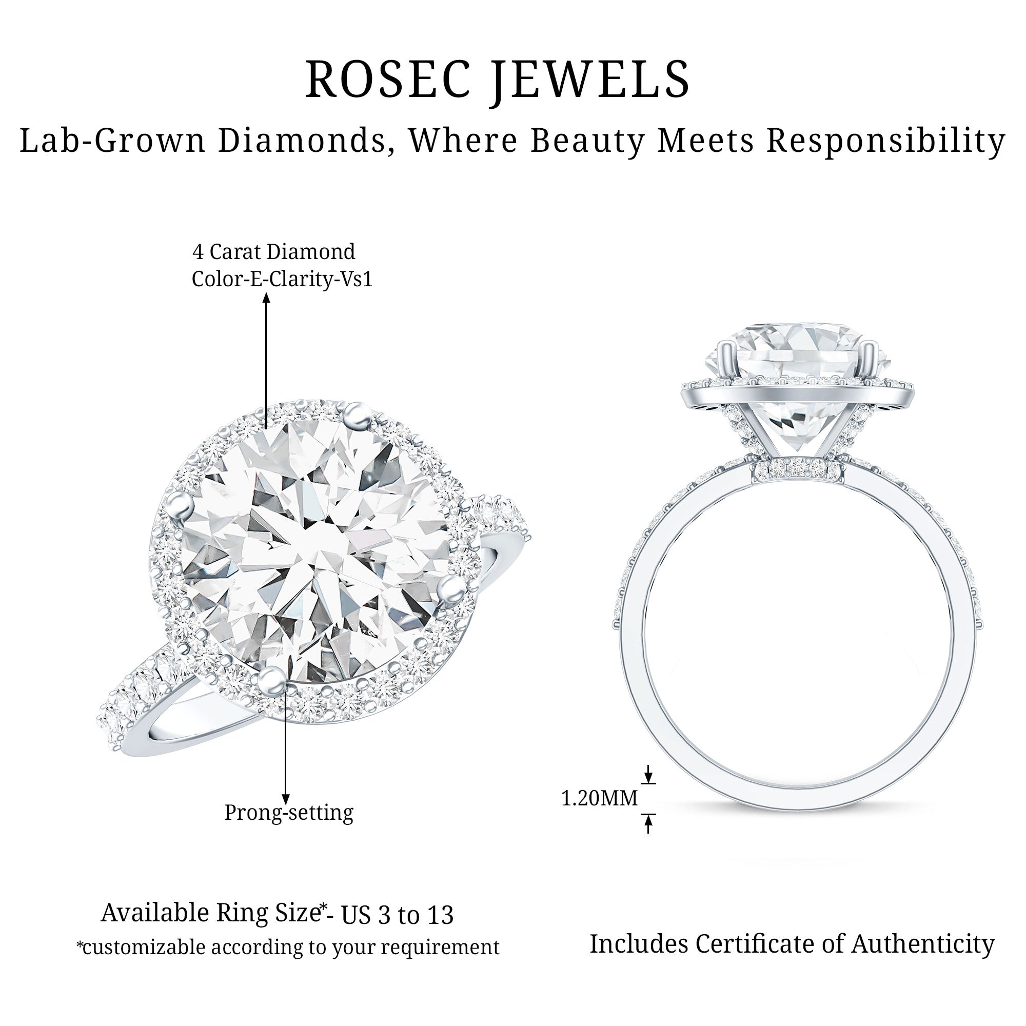 4 Carat Lab Grown Diamond Cocktail Engagement Ring with IGI Certificate Lab - ( E-VS1 ) - Rosec Jewels