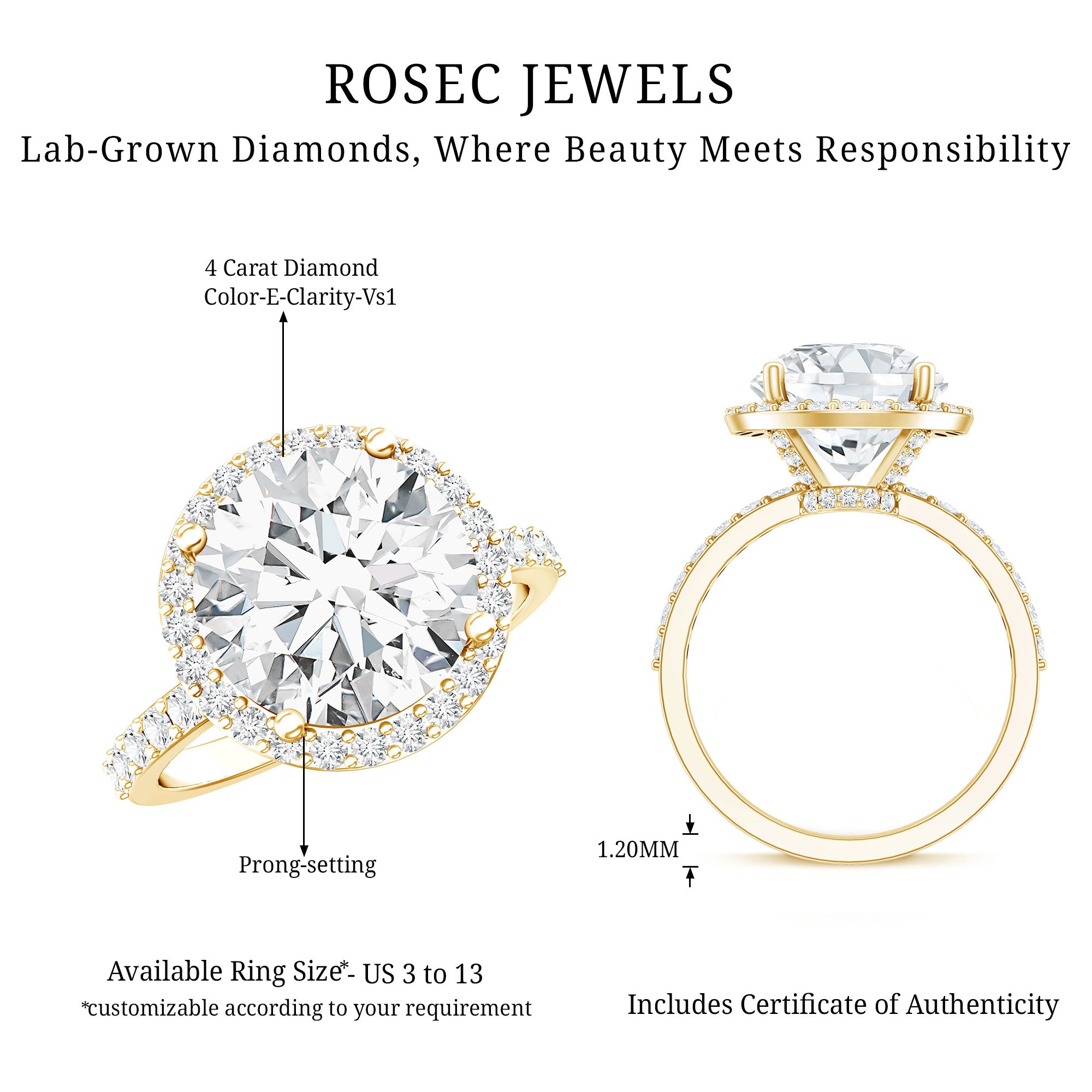 4 Carat Lab Grown Diamond Cocktail Engagement Ring with IGI Certificate Lab - ( E-VS1 ) - Rosec Jewels
