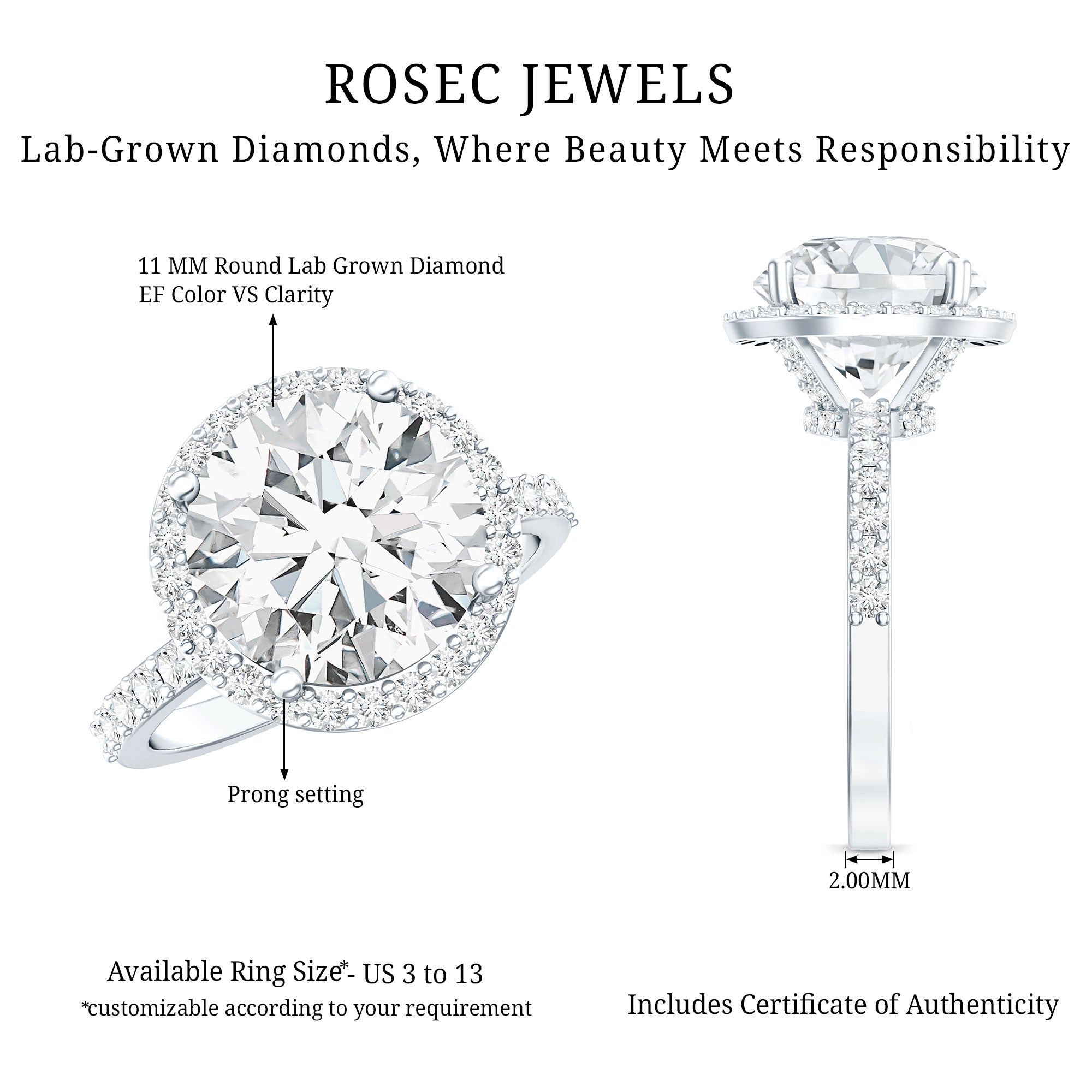 5 Carat Round Lab Grown Diamond Engagement Ring with IGI Certified Lab - ( E-VS1 ) - Rosec Jewels