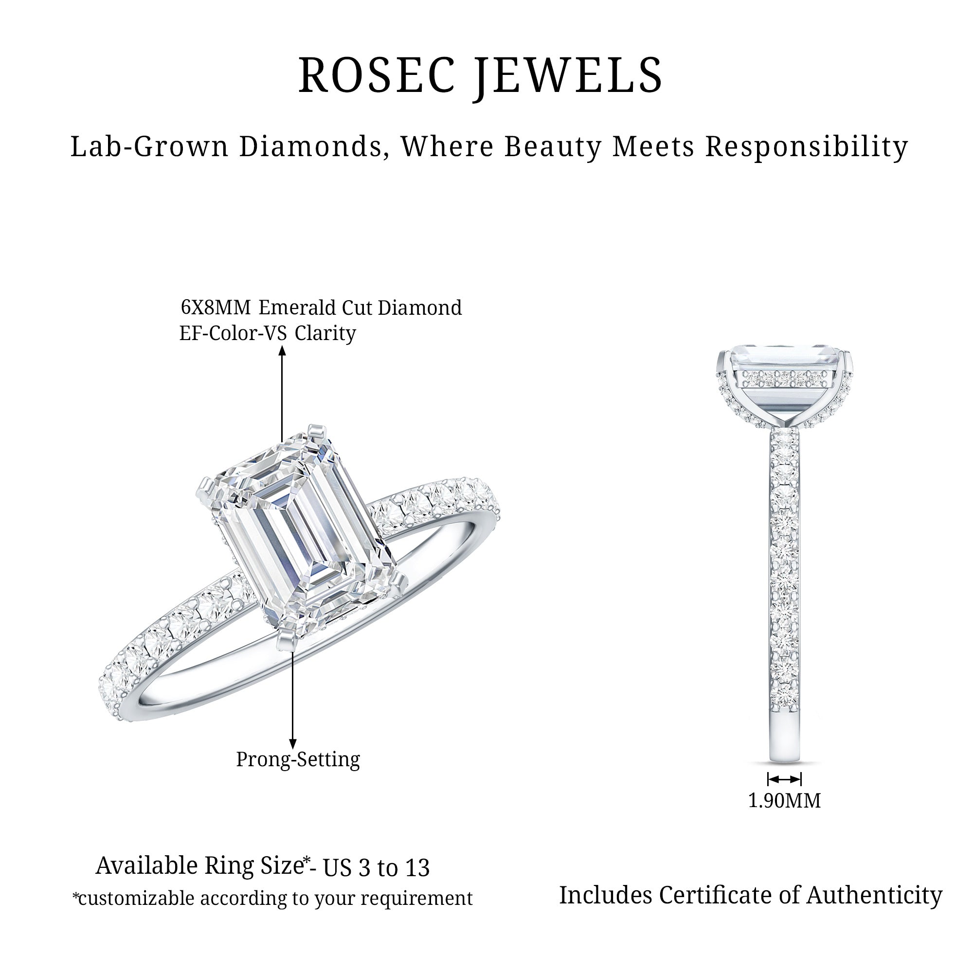 Rosec Jewels-2 Carat Emerald Cut Lab Grown Diamond Solitaire Engagement Ring