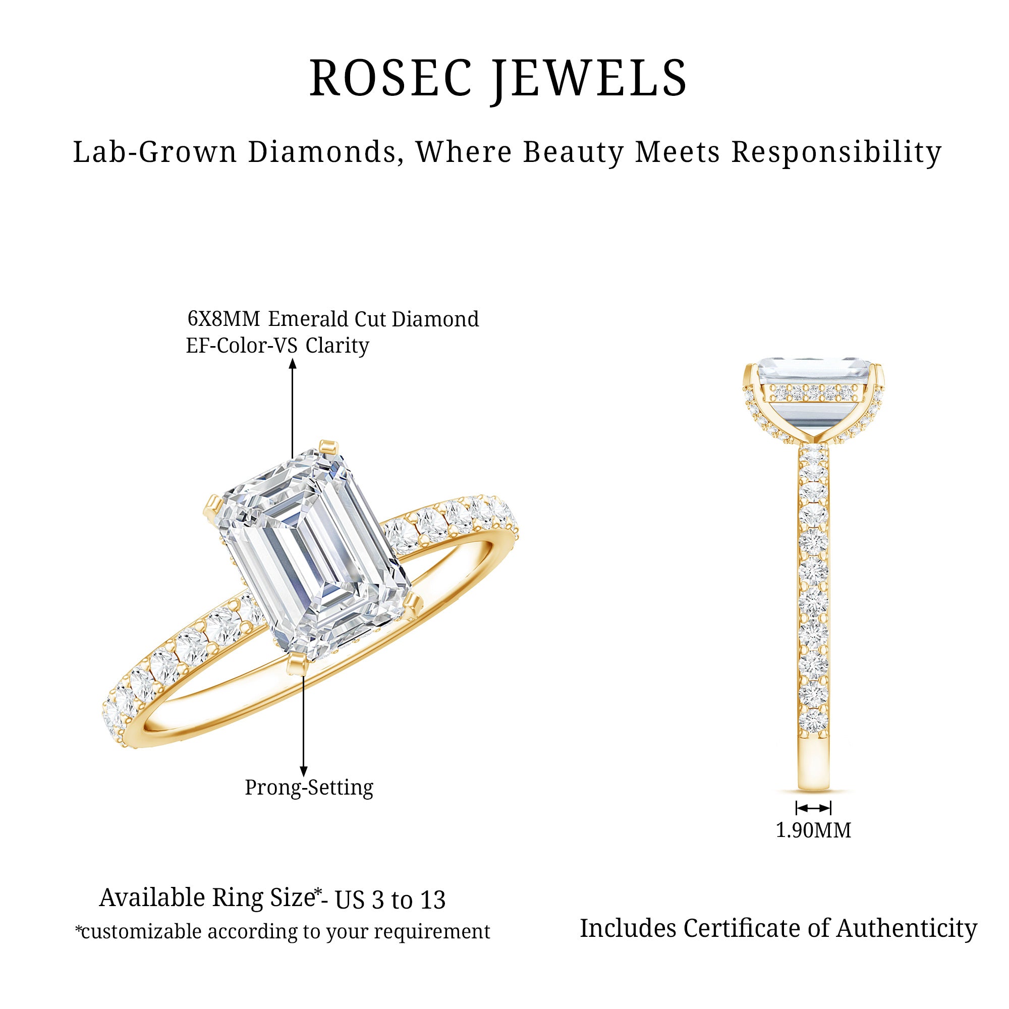 Rosec Jewels-2 Carat Emerald Cut Lab Grown Diamond Solitaire Engagement Ring