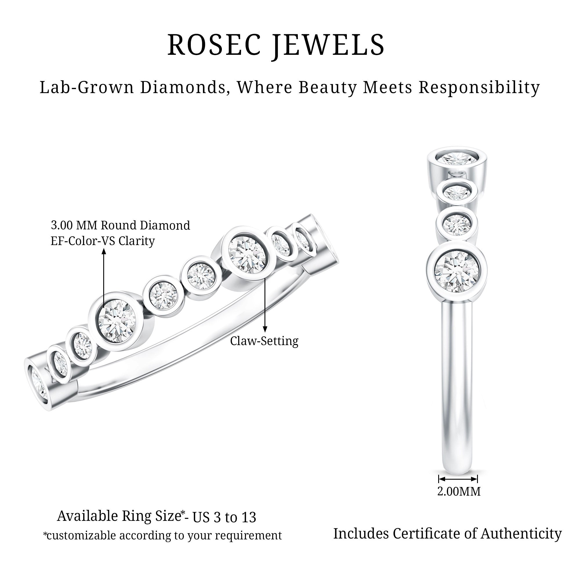 Bezel Set Lab Created Diamond Half Eternity Ring Lab - ( EF-VS ) - Rosec Jewels
