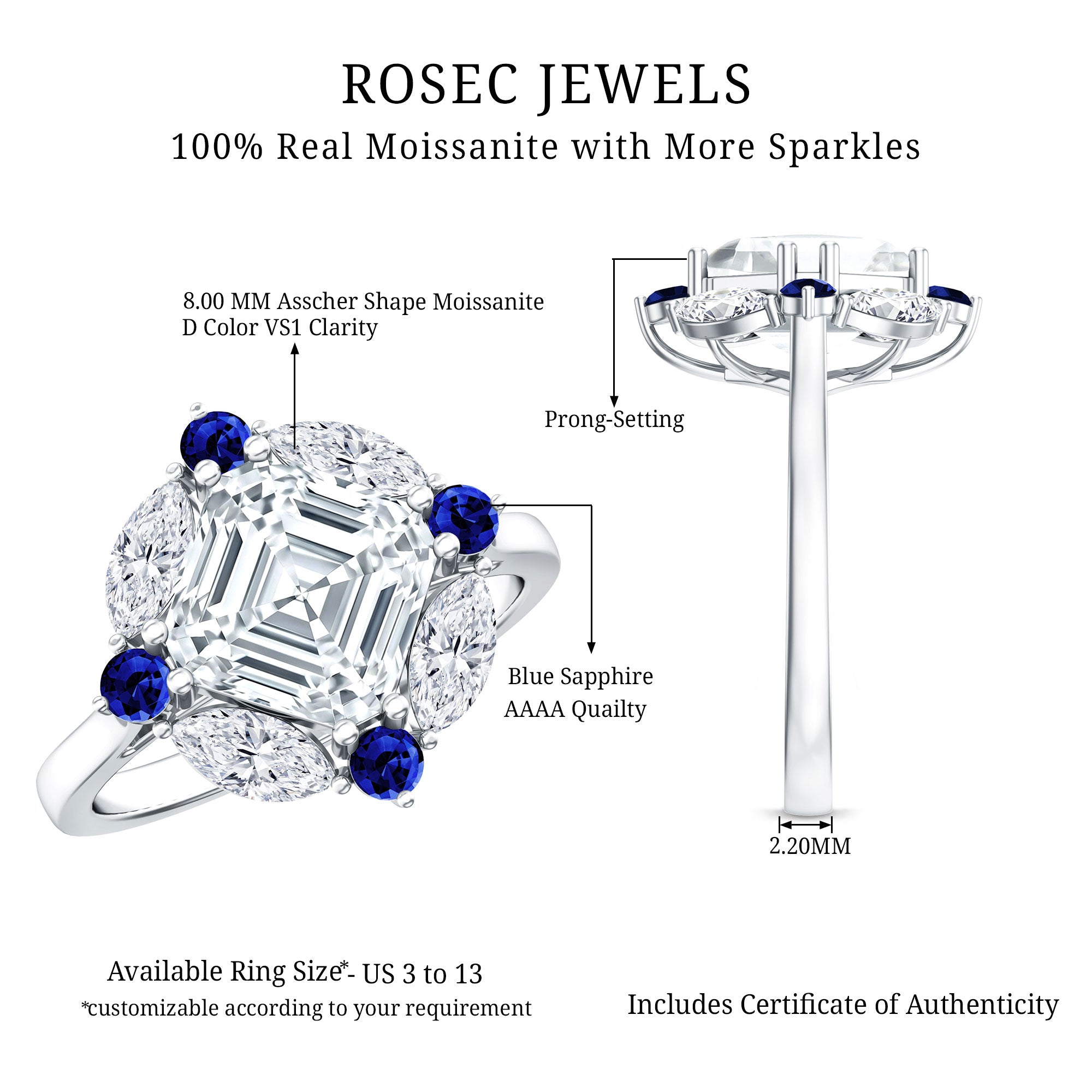 3 Carat Asscher Cut Moissanite Statement Engagement Ring D-VS1 - Rosec Jewels