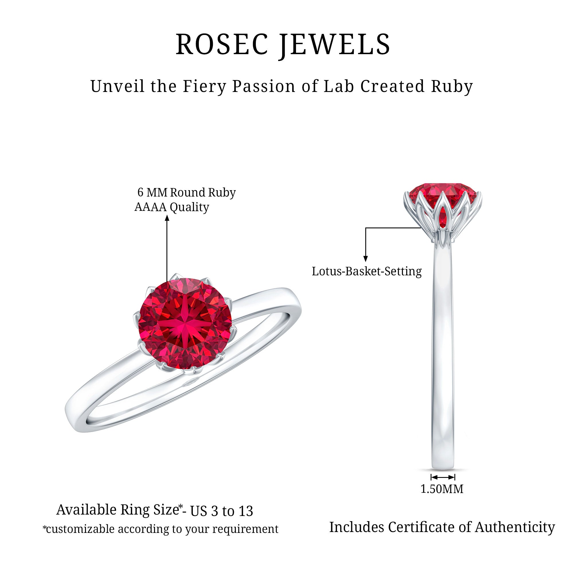 Certified 1.3 Carat Lab Grown Ruby Engagement Ring in Lotus Basket Setting AAAA - Rosec Jewels