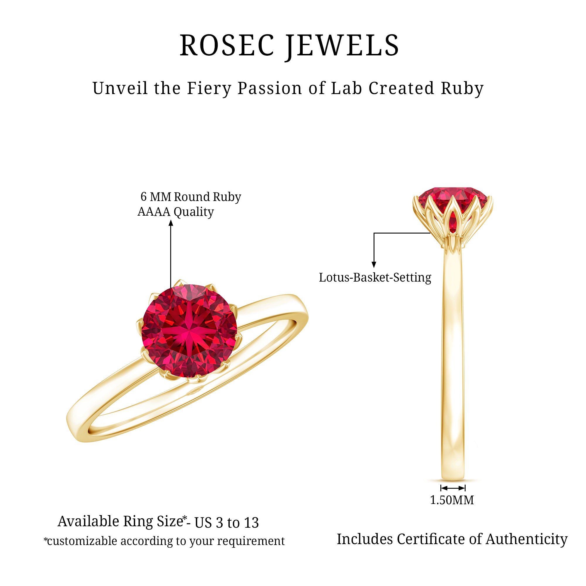 Certified 1.3 Carat Lab Grown Ruby Engagement Ring in Lotus Basket Setting AAAA - Rosec Jewels