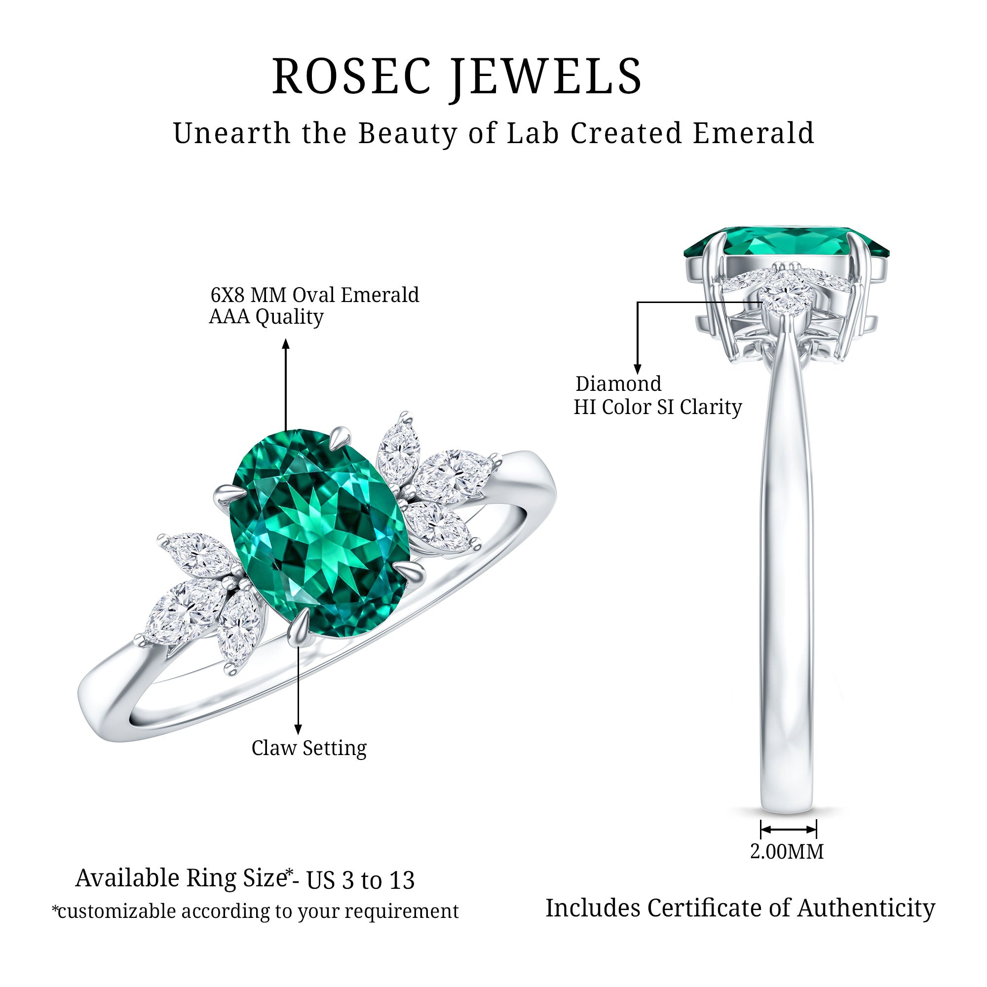 1.2 Carat Lab Created Emerald Oval Engagement Ring with Diamond Trio AAAA - Rosec Jewels
