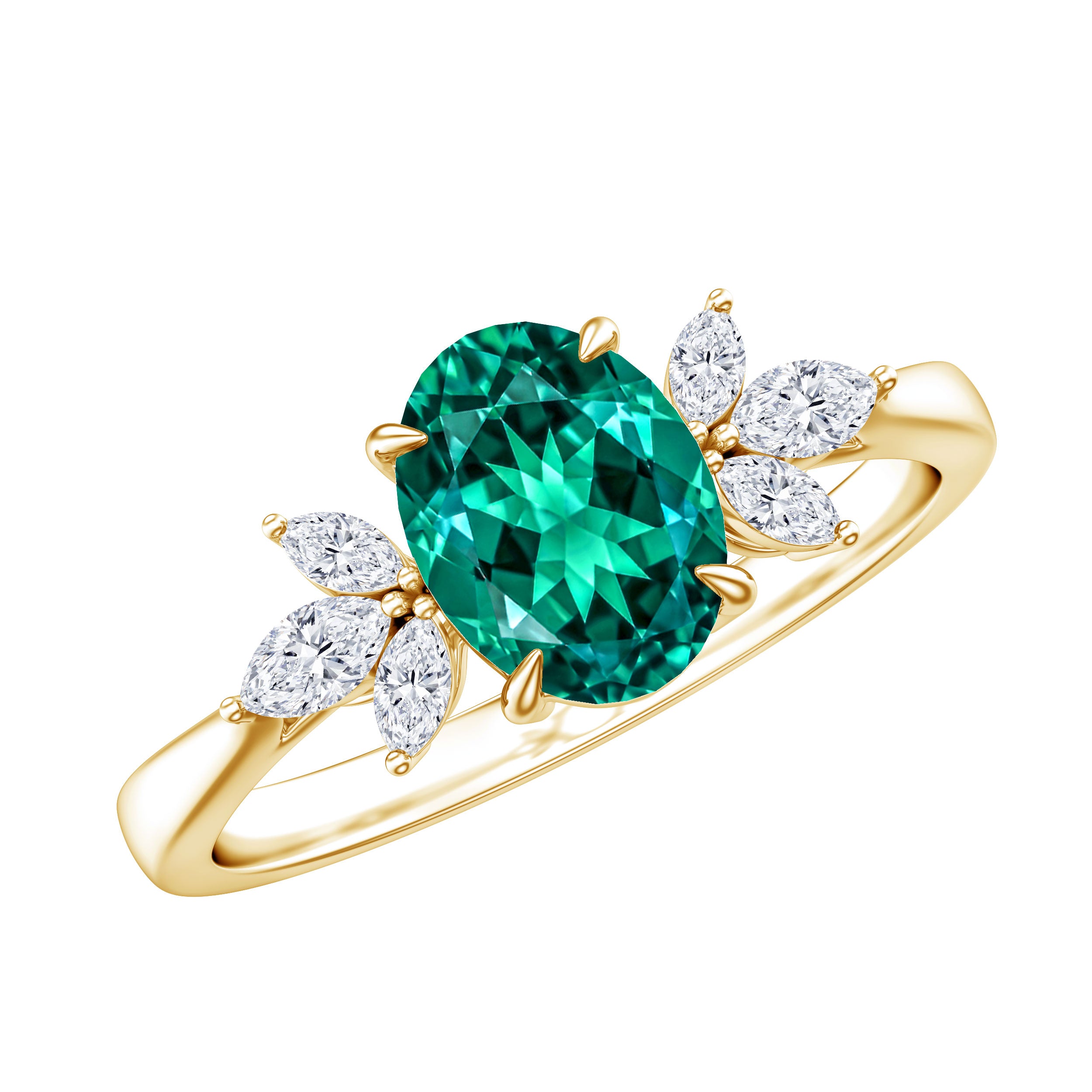 1.2 Carat Lab Created Emerald Oval Engagement Ring with Diamond Trio AAAA - Rosec Jewels