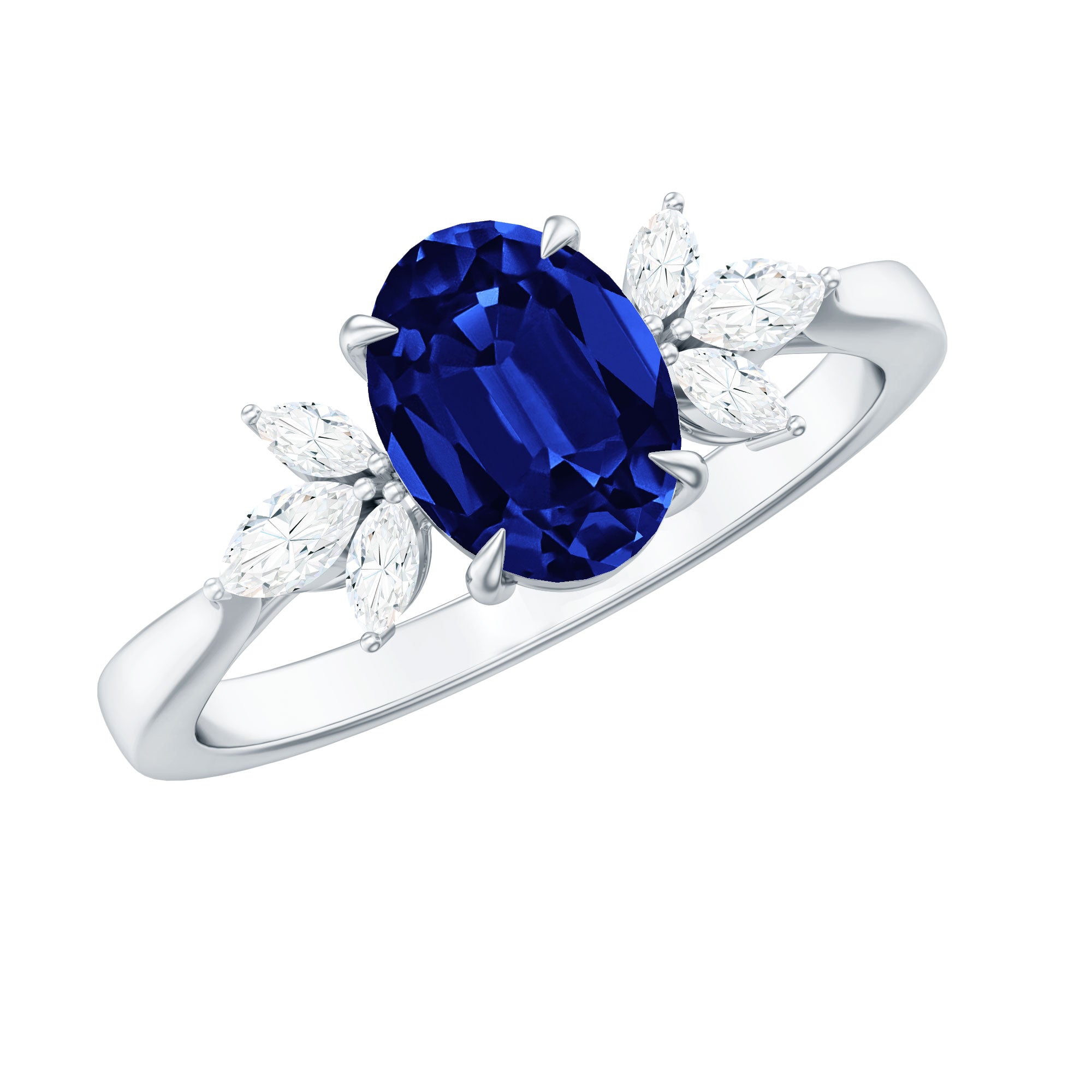 Certified 1.5 Carat Lab Grown Blue Sapphire Oval Engagement Ring with Diamond Trio AAAA - Rosec Jewels