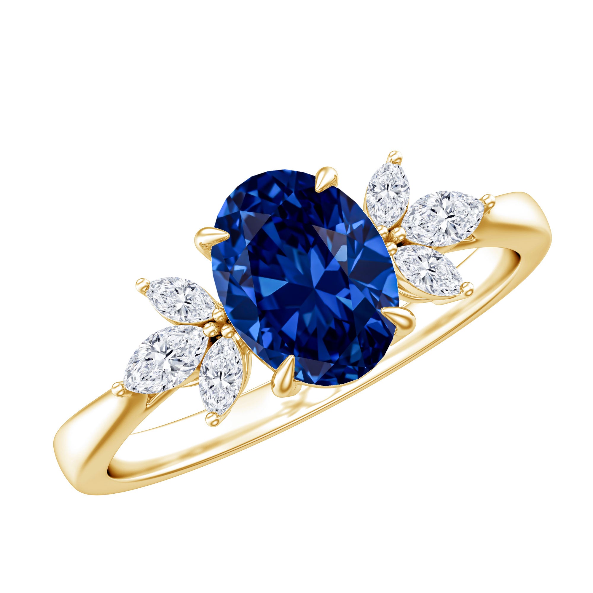 Certified 1.5 Carat Lab Grown Blue Sapphire Oval Engagement Ring with Diamond Trio AAAA - Rosec Jewels