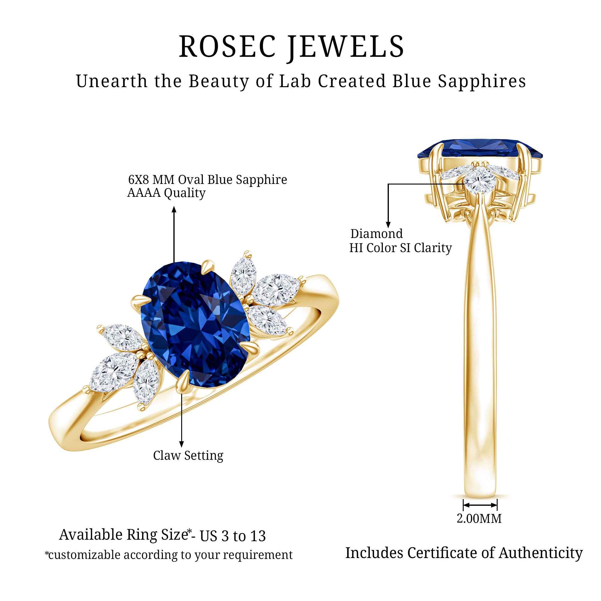 Certified 1.5 Carat Lab Grown Blue Sapphire Oval Engagement Ring with Diamond Trio AAAA - Rosec Jewels