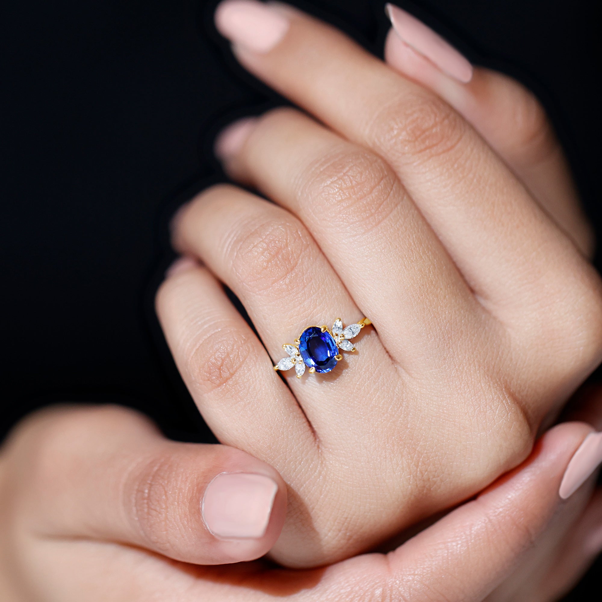 Certified 1.5 Carat Lab Grown Blue Sapphire Oval Engagement Ring with Diamond Trio AAAA - Rosec Jewels