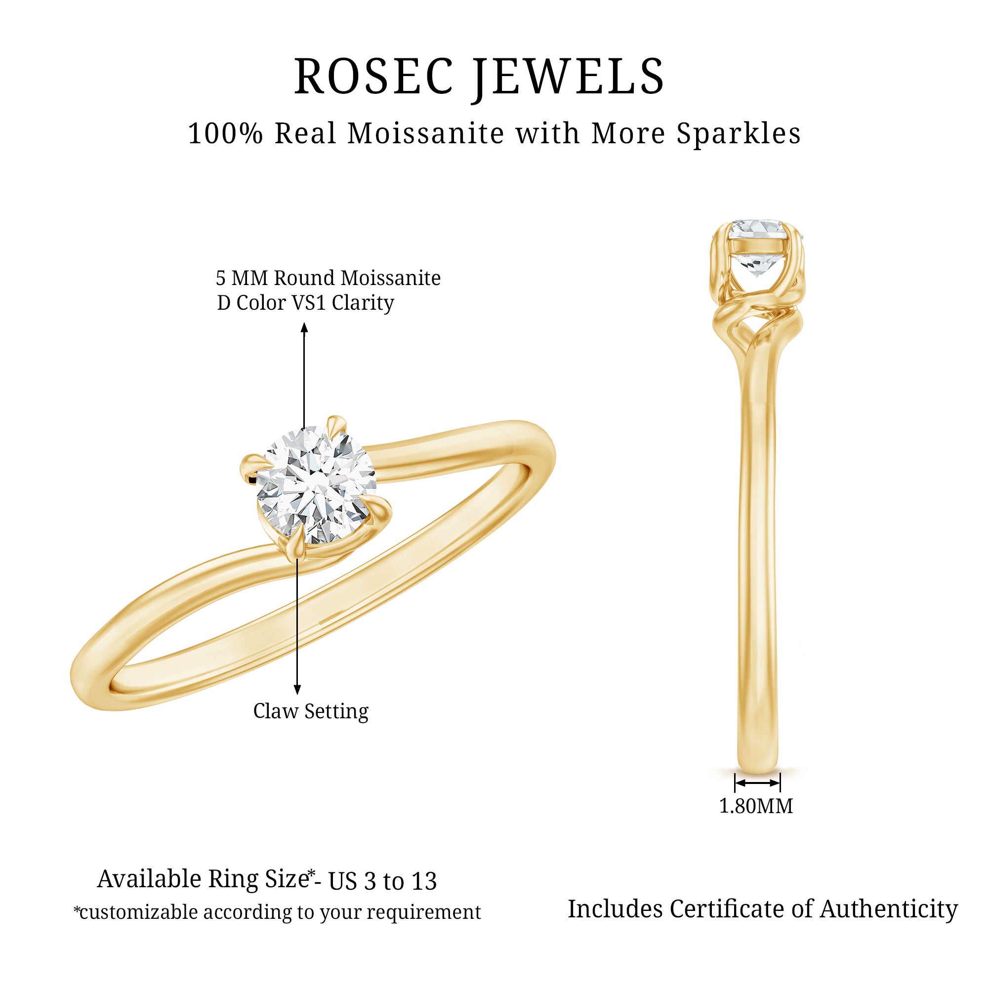 1/4 CT Round Cut Moissanite Promise Solitaire Ring for Her D-VS1 - Rosec Jewels