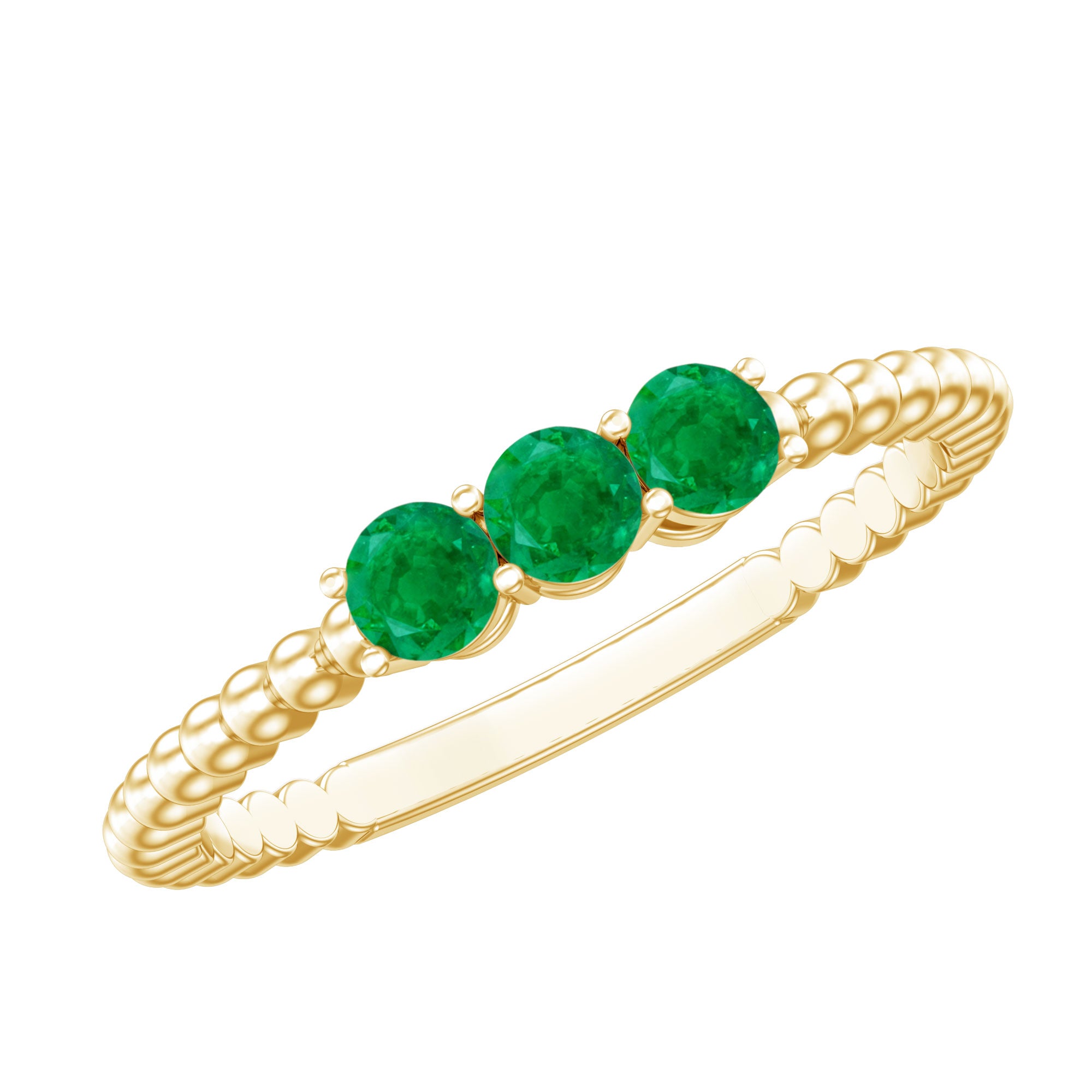 Certified Real Emerald 3 Stone Promise Ring with Beaded Detailing AAA - Rosec Jewels