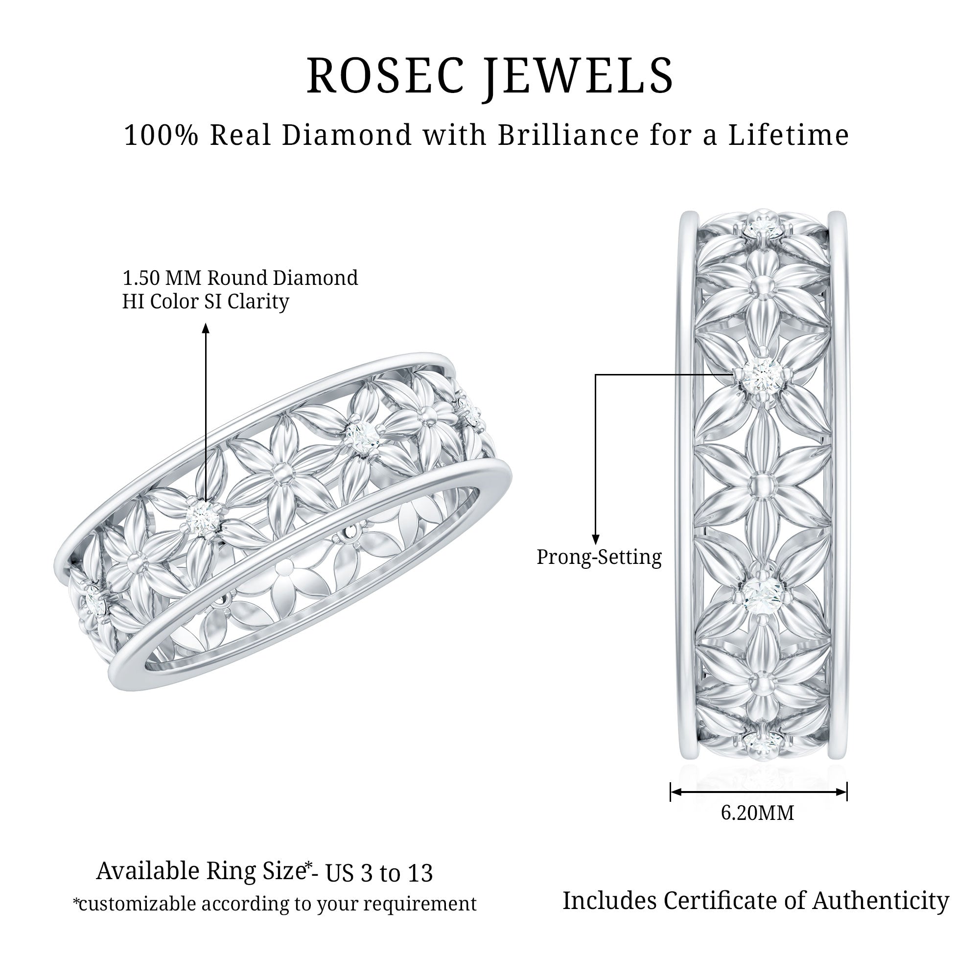 Real Diamond Flower Wedding Band for Women Natural - ( HI-SI ) - Rosec Jewels