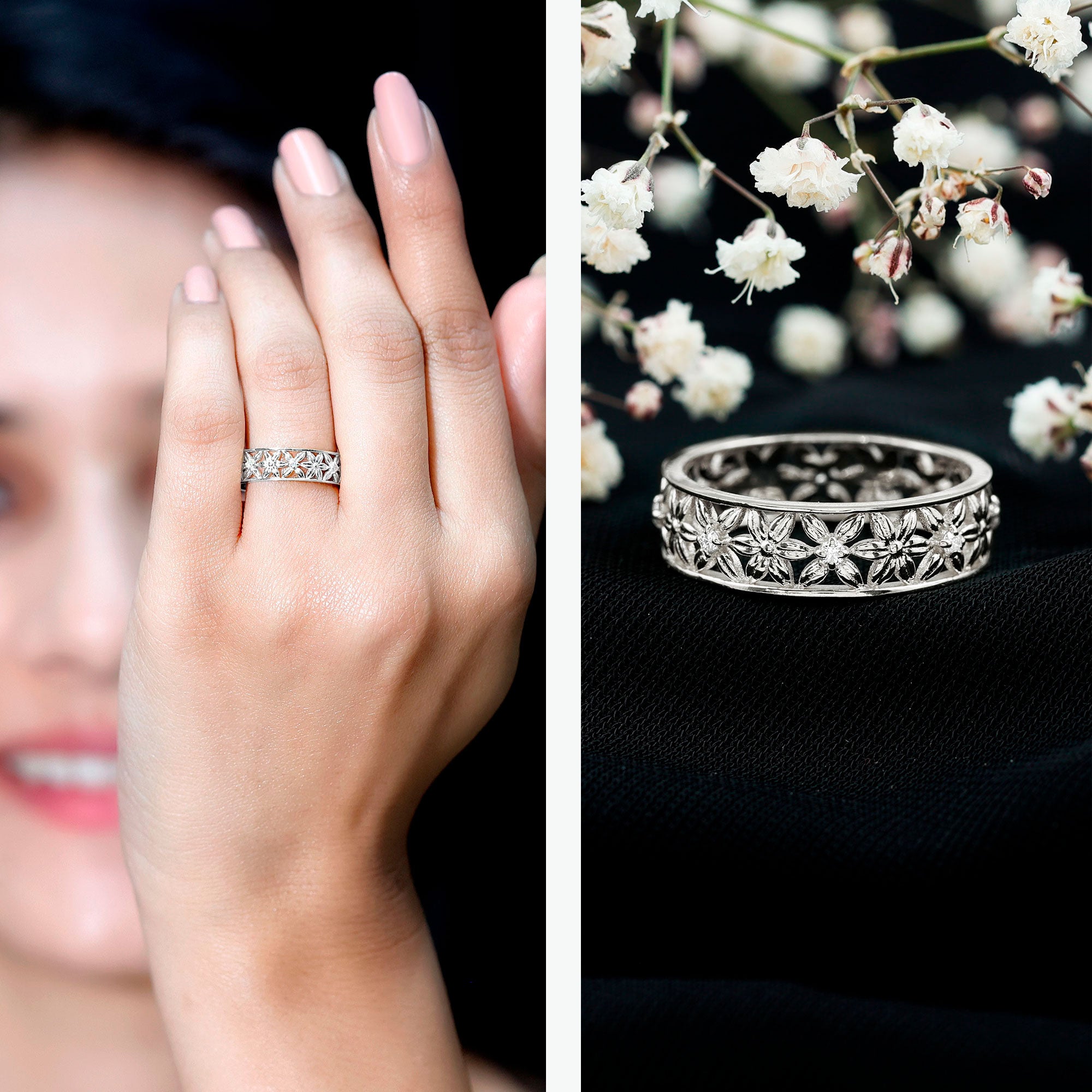 Real Diamond Flower Wedding Band for Women Natural - ( HI-SI ) - Rosec Jewels