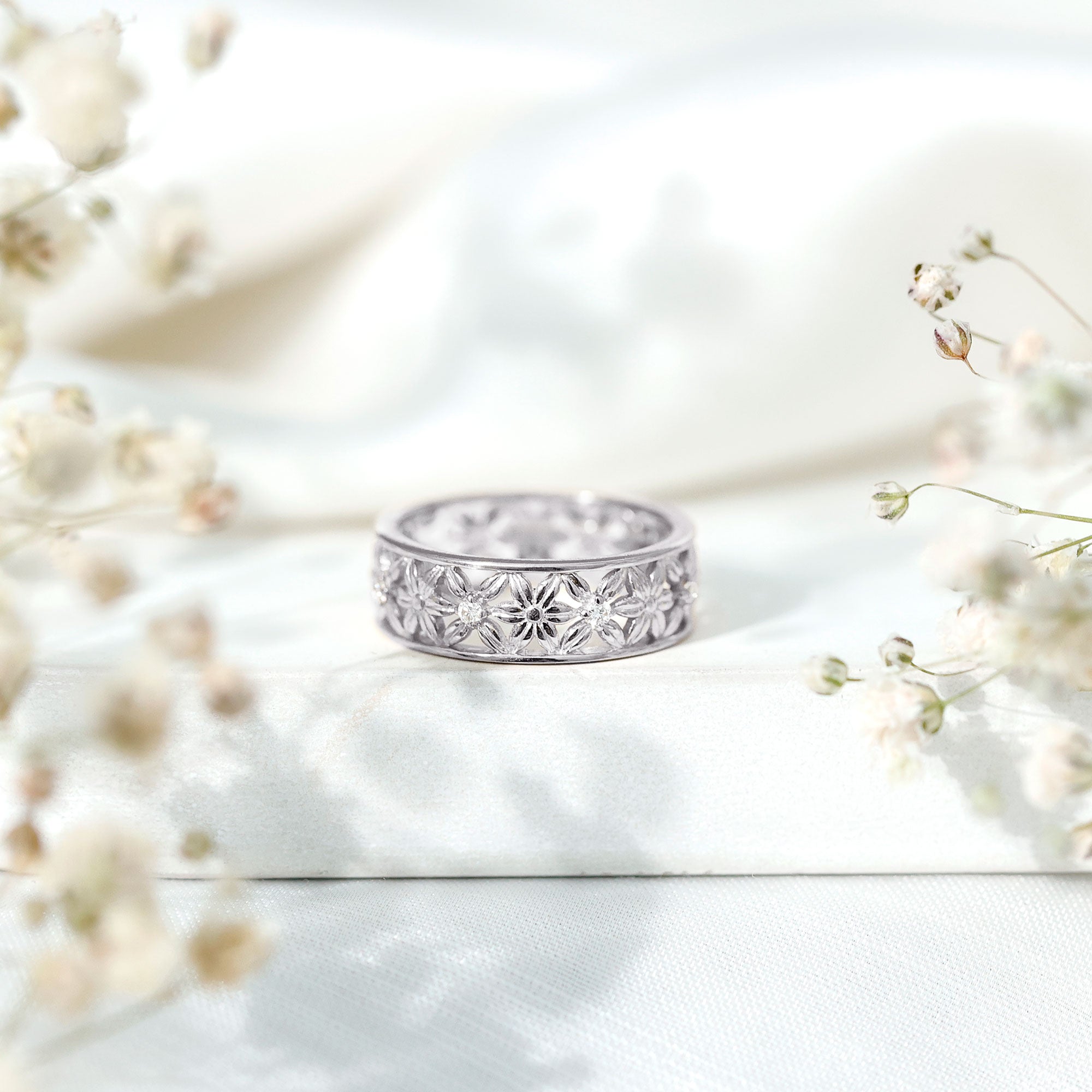 Real Diamond Flower Wedding Band for Women Natural - ( HI-SI ) - Rosec Jewels