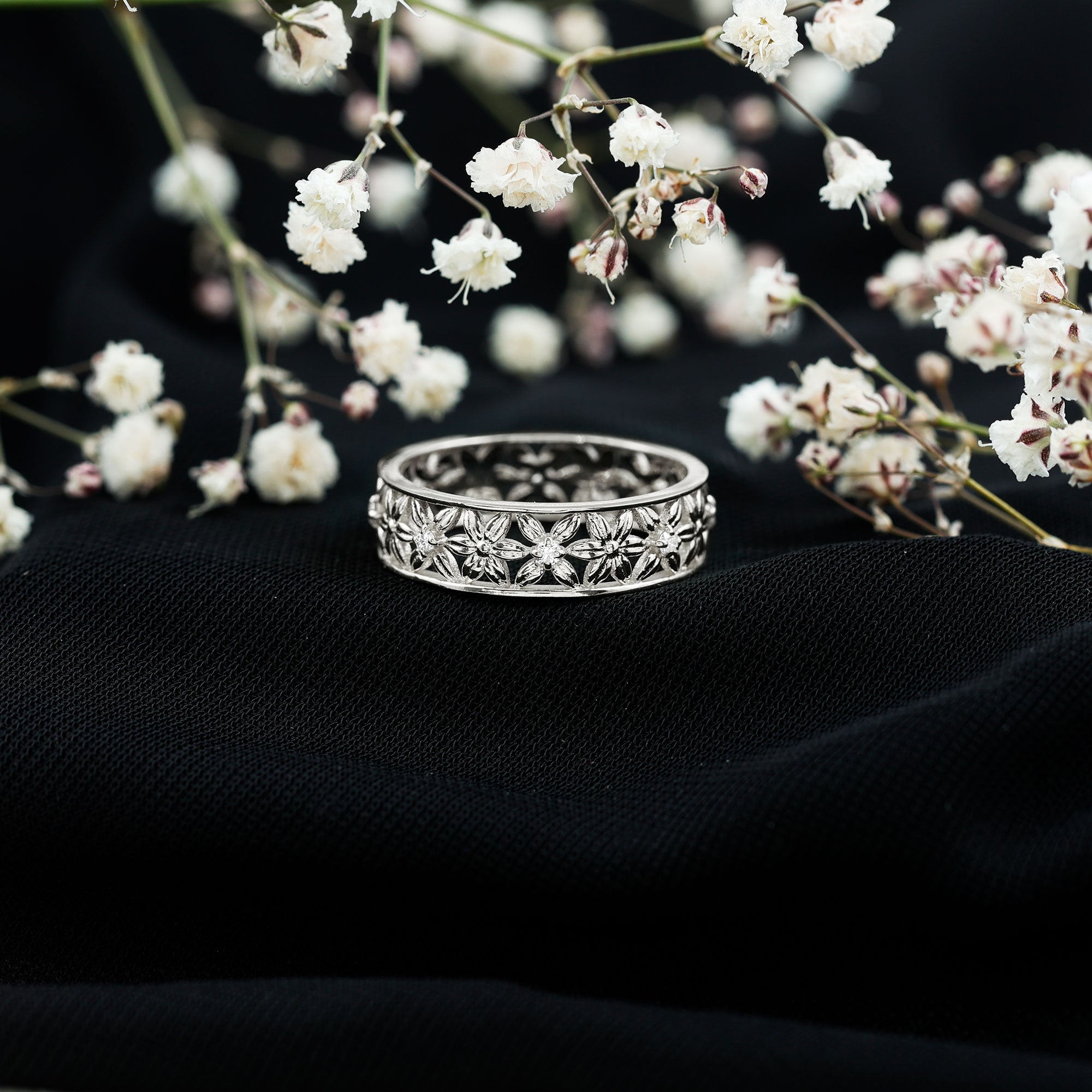 Real Diamond Flower Wedding Band for Women Natural - ( HI-SI ) - Rosec Jewels