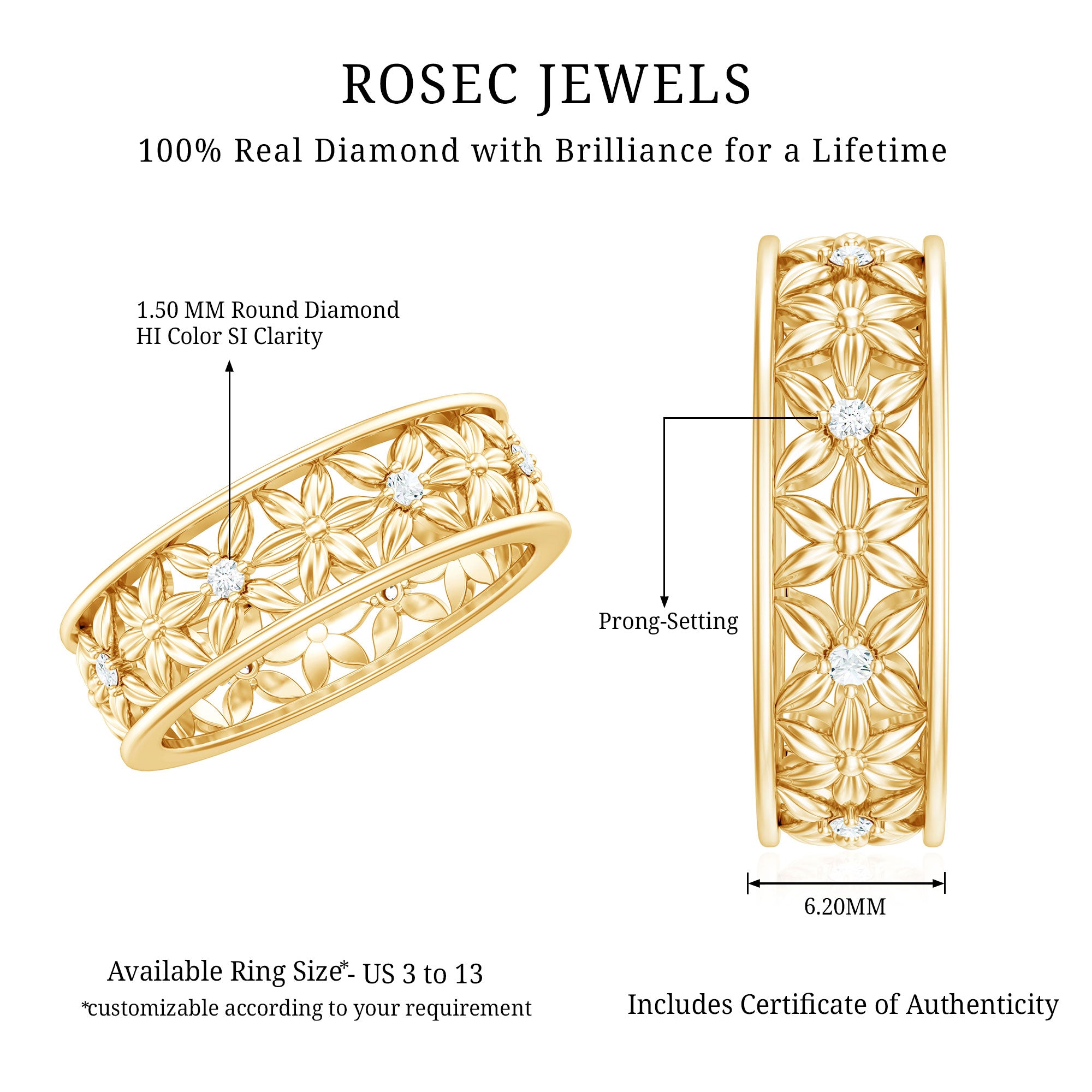 Real Diamond Flower Wedding Band for Women Natural - ( HI-SI ) - Rosec Jewels
