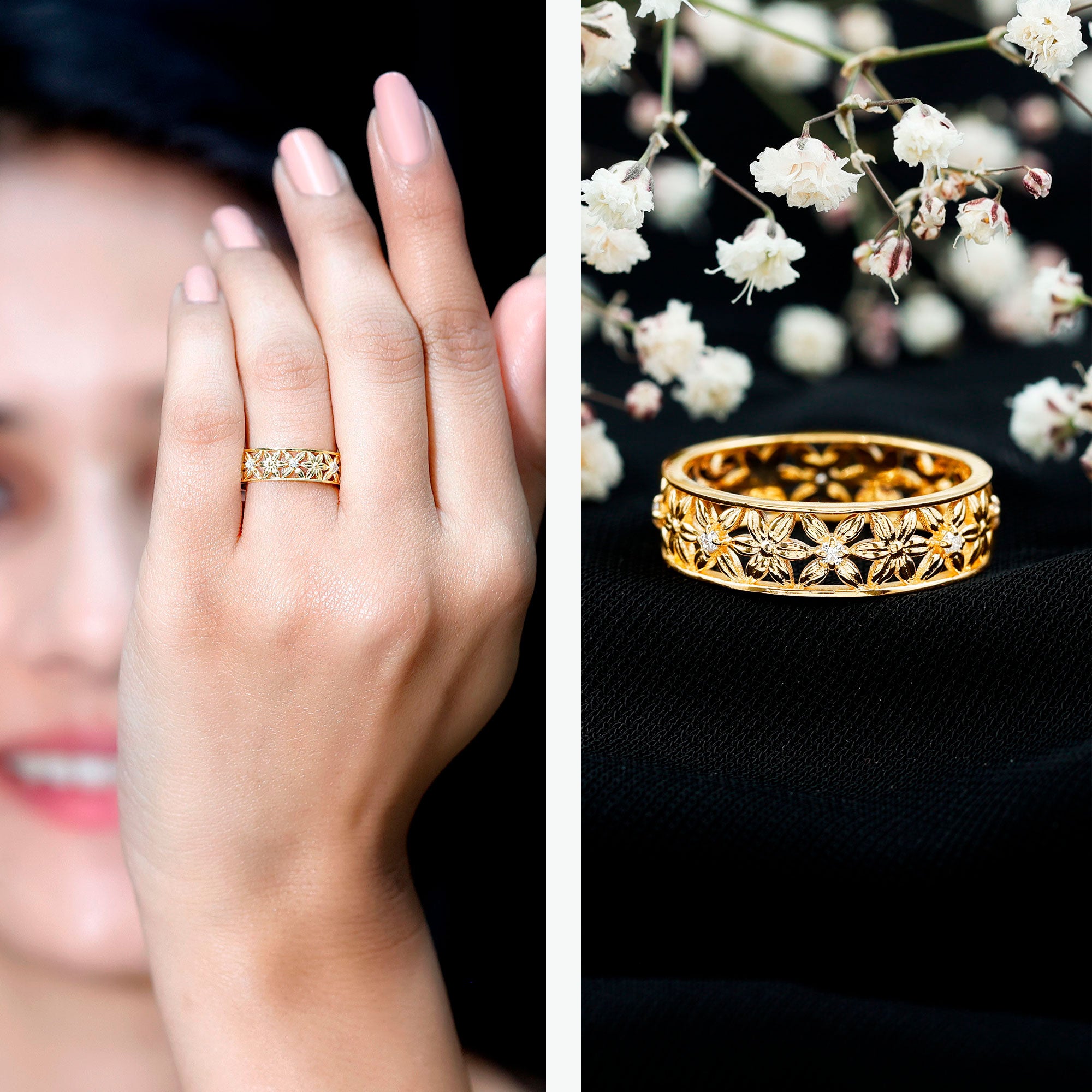 Real Diamond Flower Wedding Band for Women Natural - ( HI-SI ) - Rosec Jewels