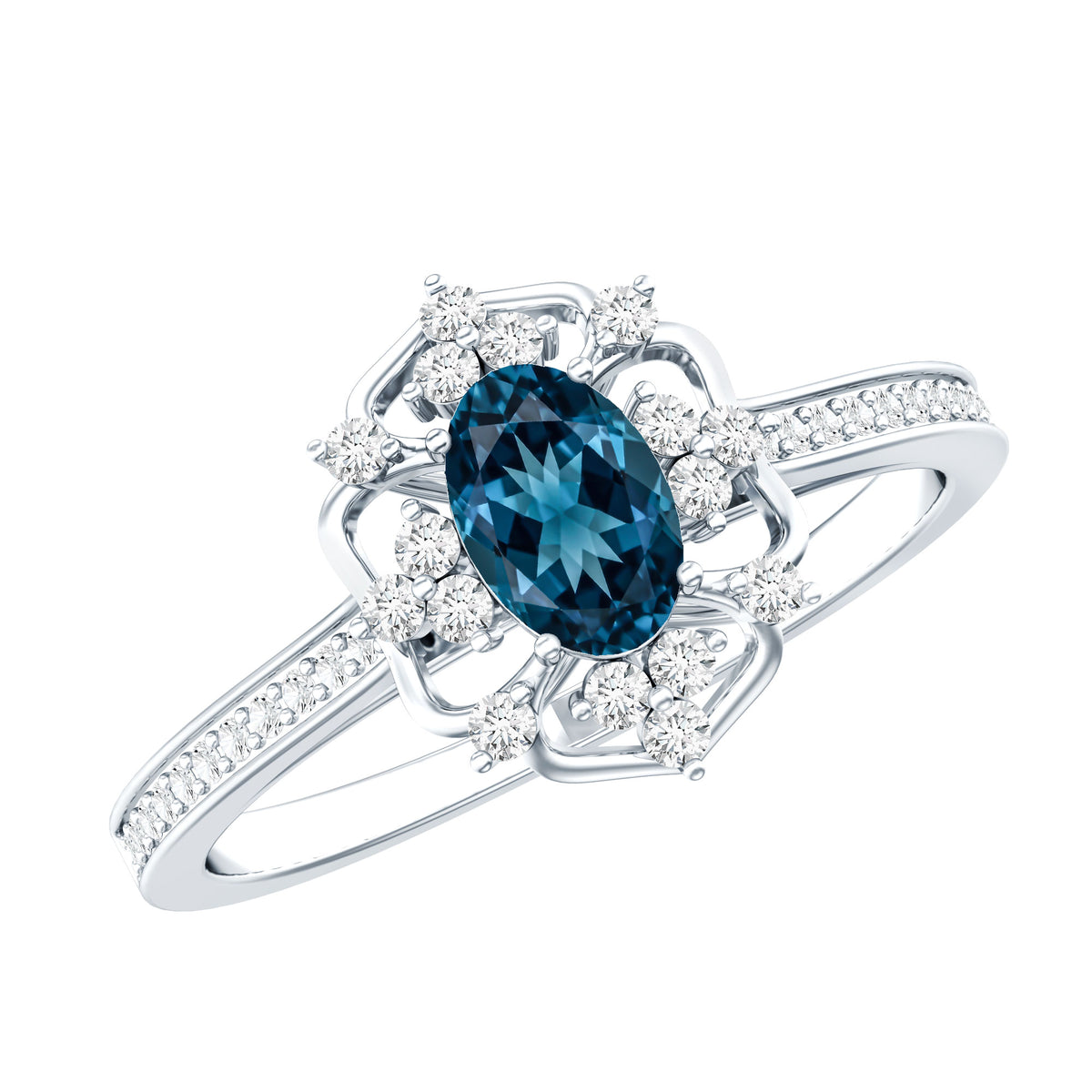 0.4 Carat Oval Cut London Blue Topaz Vintage Engagement Ring with Diamond AAA - Rosec Jewels
