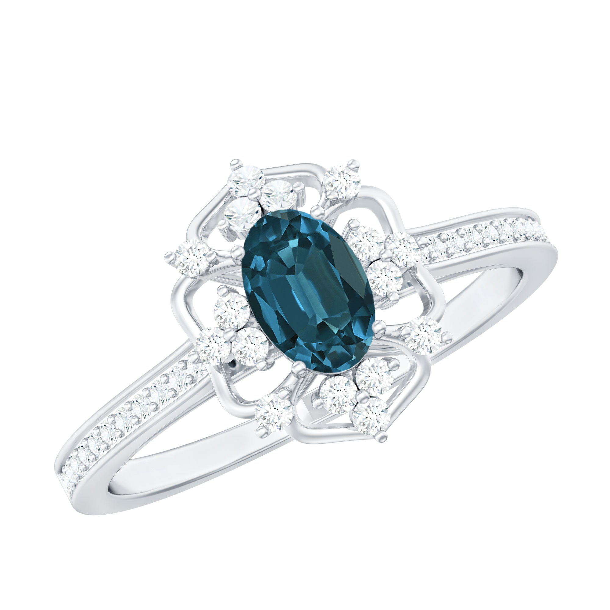 4X6mm Oval Cut London Blue Topaz Vintage Engagement Ring with Diamond