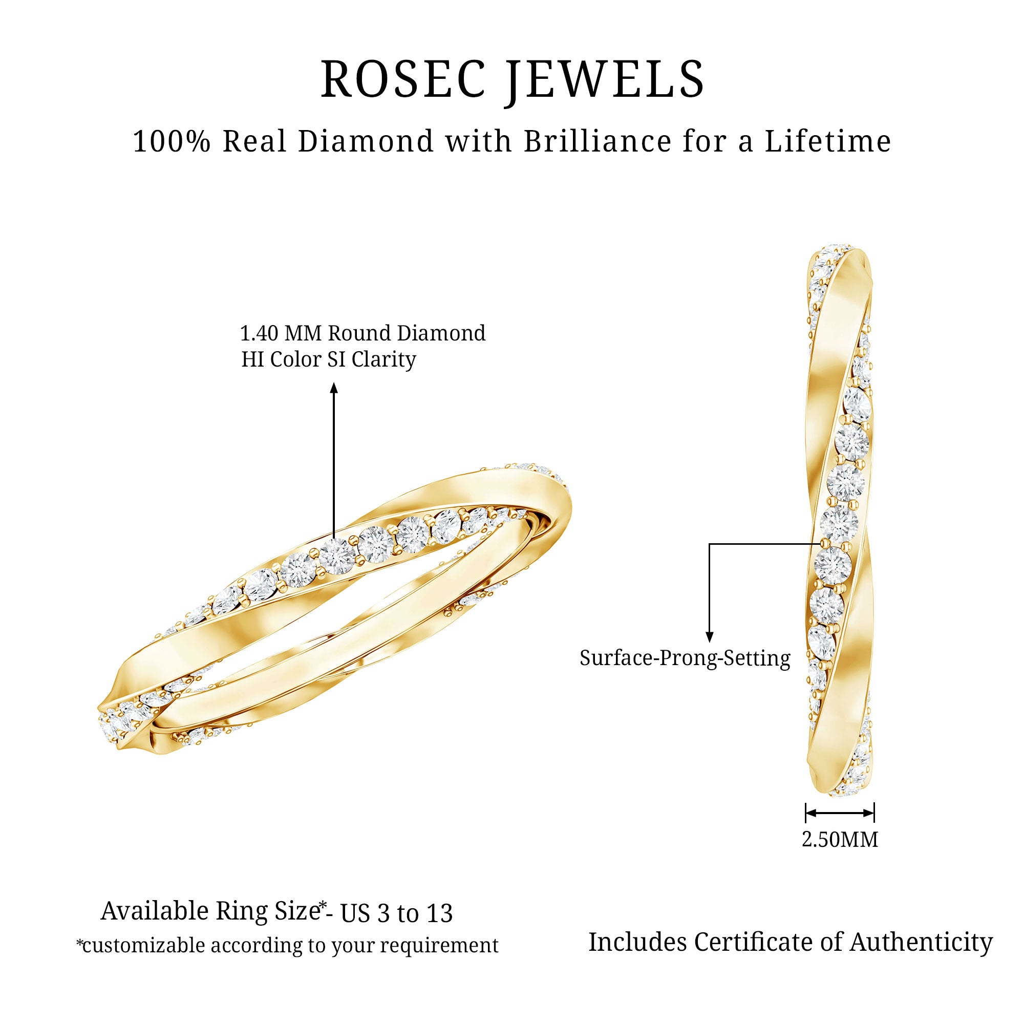 Pave Set Diamond Wedding Ring with Twisted Details Natural - ( HI-SI ) - Rosec Jewels