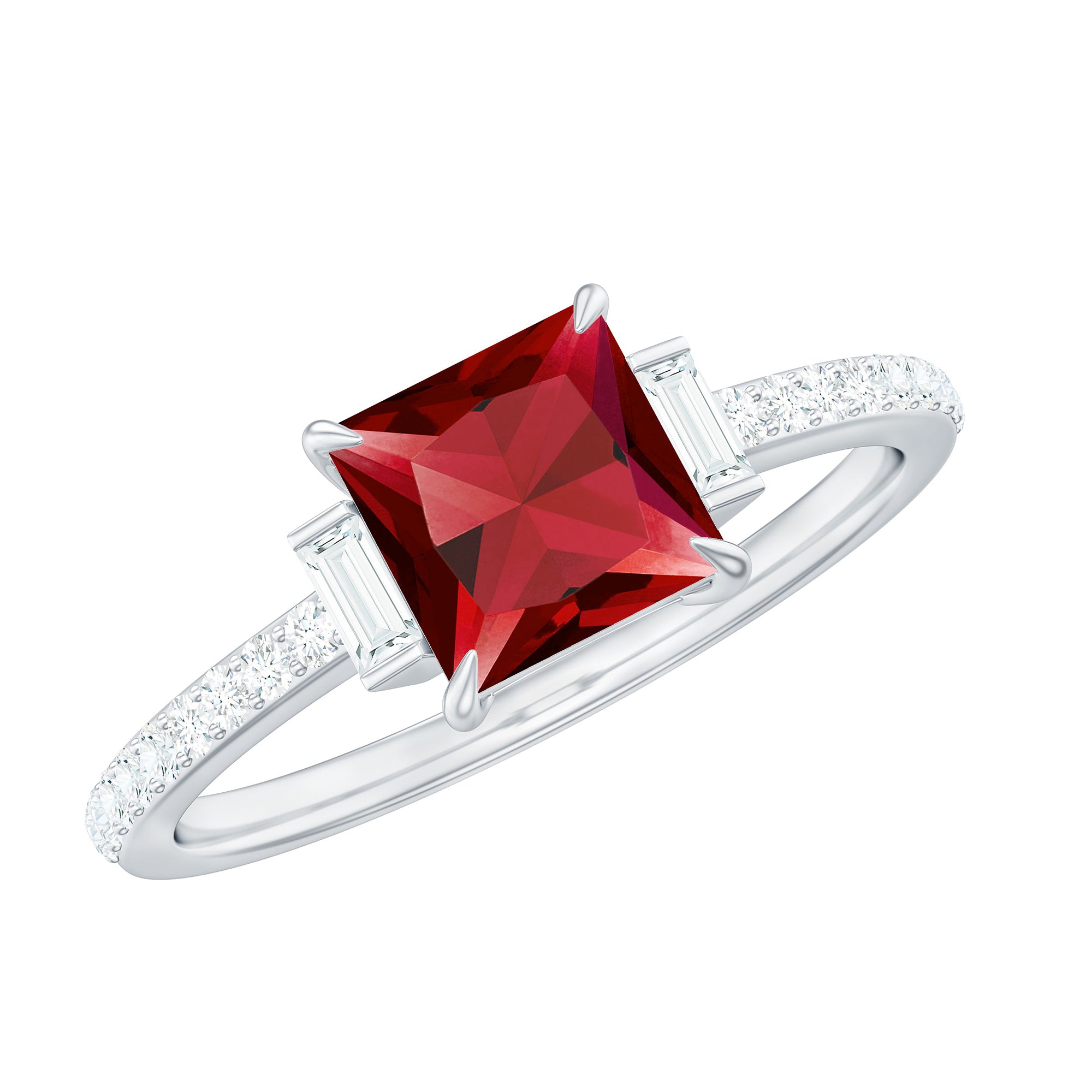 1.5 Carat Princess Cut Lab Created Ruby Engagement Ring With Diamond AAAA - Rosec Jewels