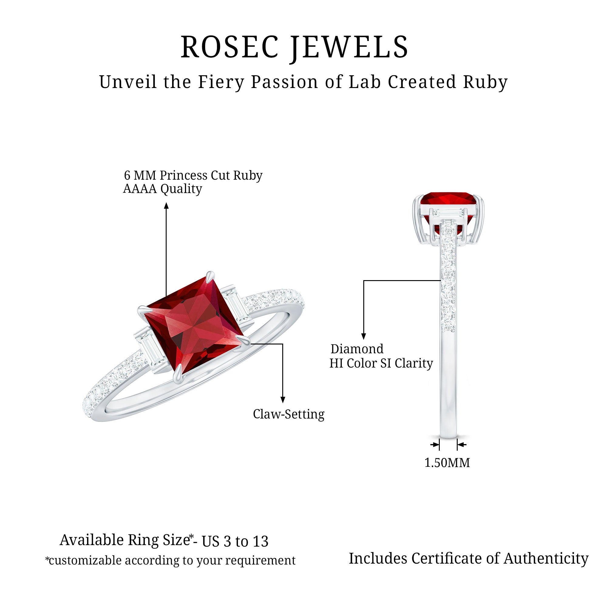 1.5 Carat Princess Cut Lab Created Ruby Engagement Ring With Diamond AAAA - Rosec Jewels