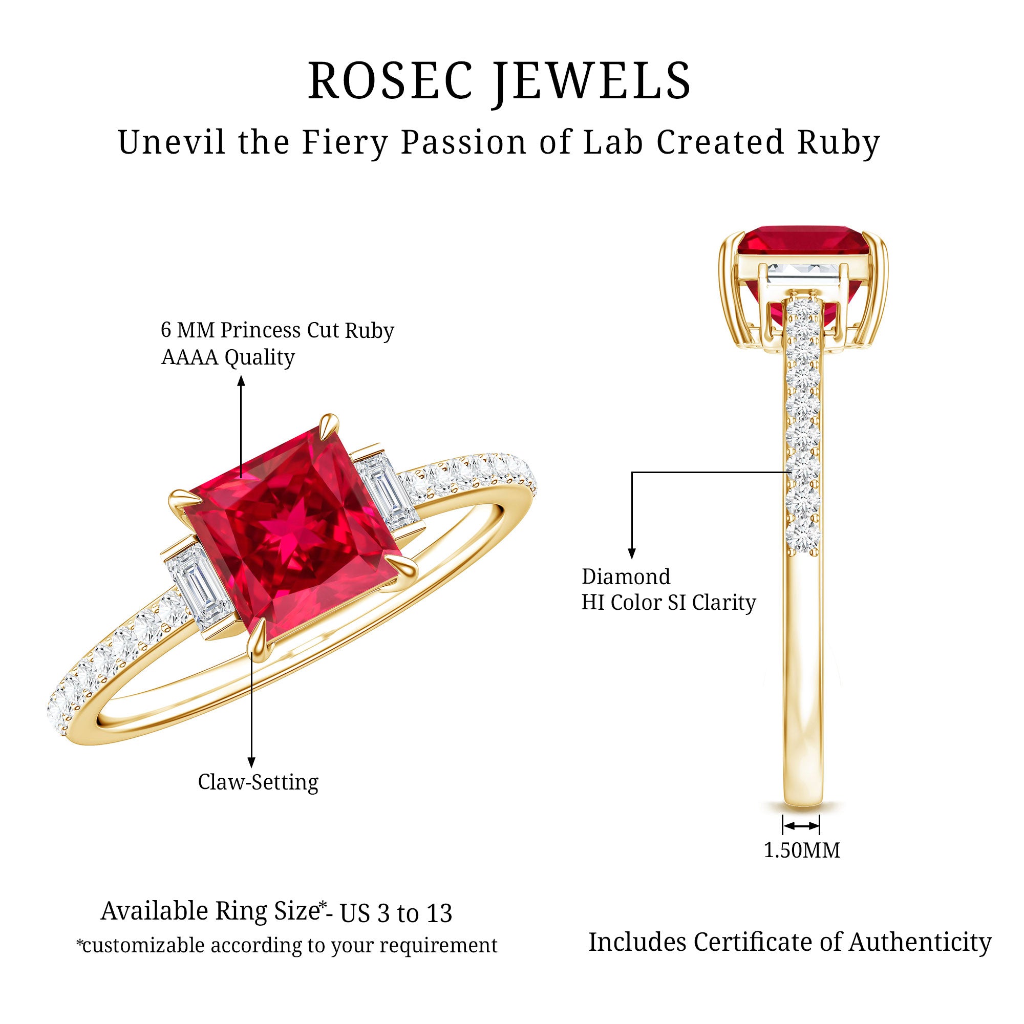 1.5 Carat Princess Cut Lab Created Ruby Engagement Ring With Diamond AAAA - Rosec Jewels
