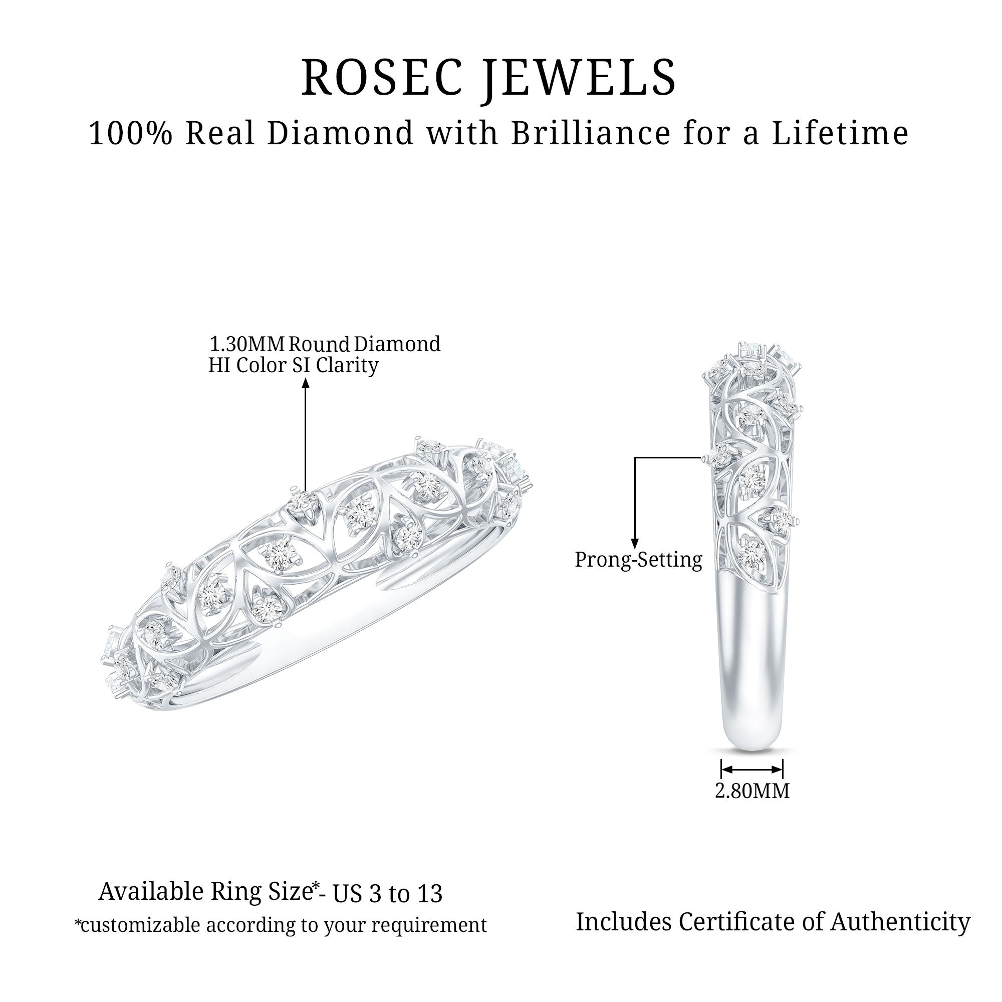 Certified Diamond Filigree Wedding Band for Women Natural - ( HI-SI ) - Rosec Jewels