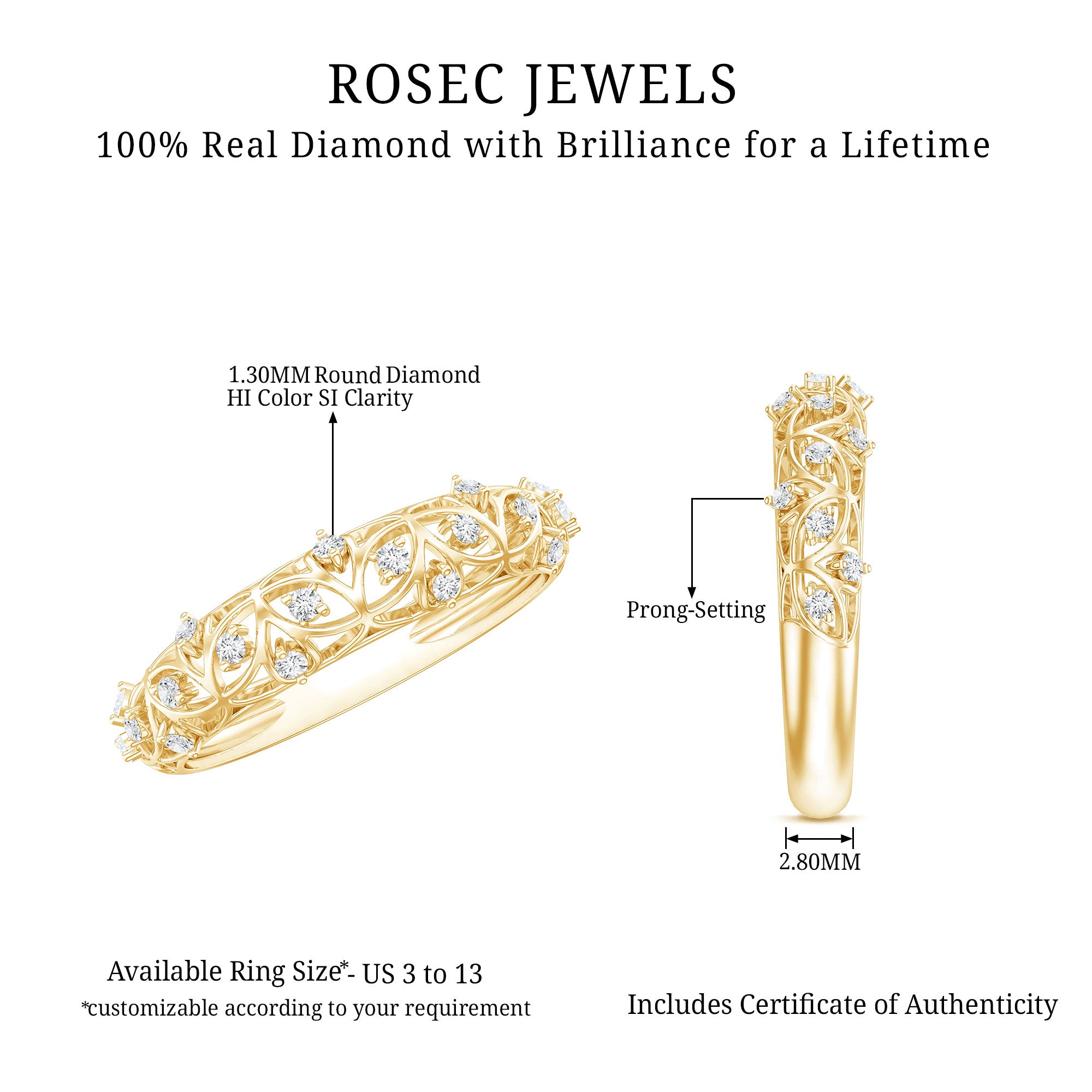 Certified Diamond Filigree Wedding Band for Women Natural - ( HI-SI ) - Rosec Jewels