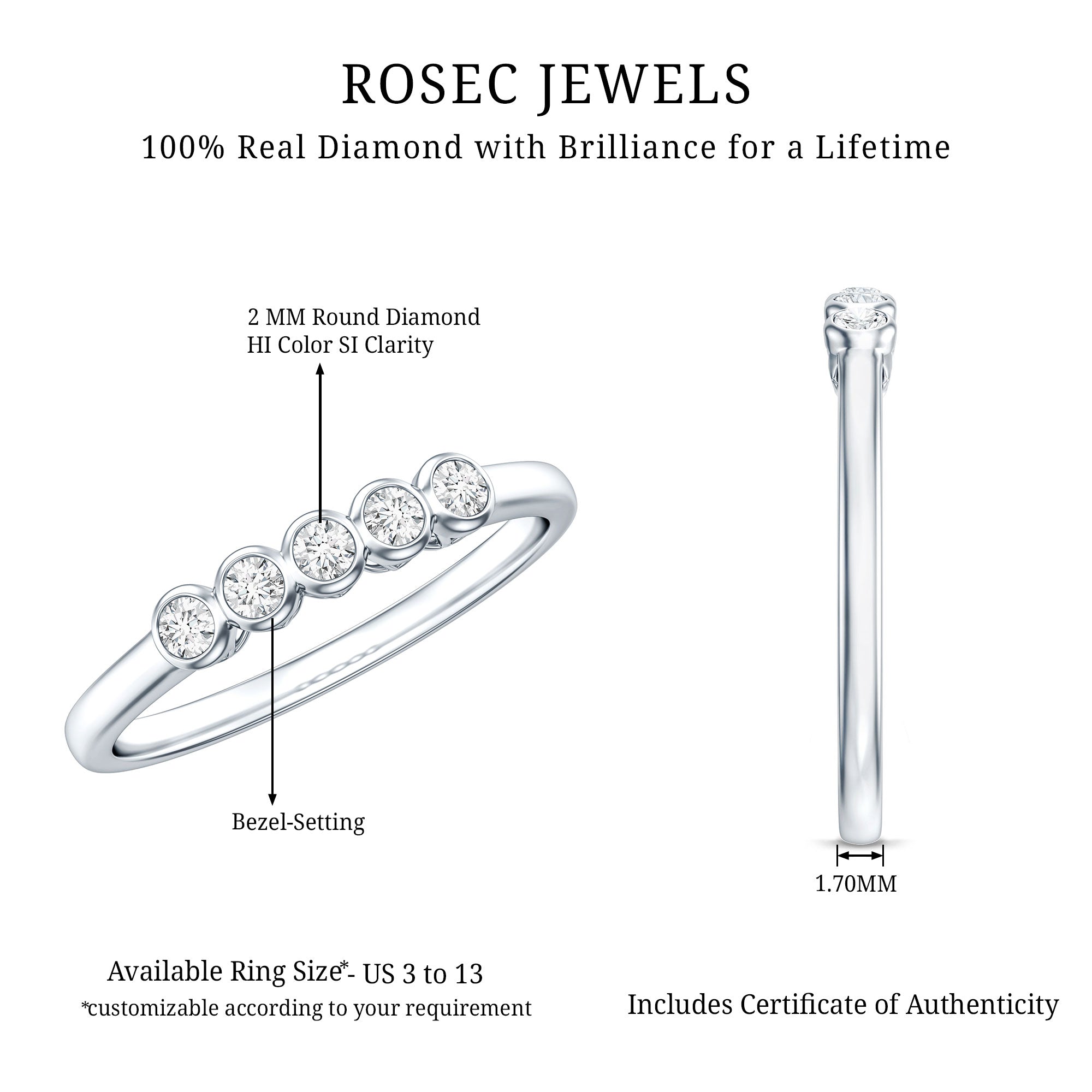 Natural Diamond Five Stone Promise Ring Natural - ( HI-SI ) - Rosec Jewels