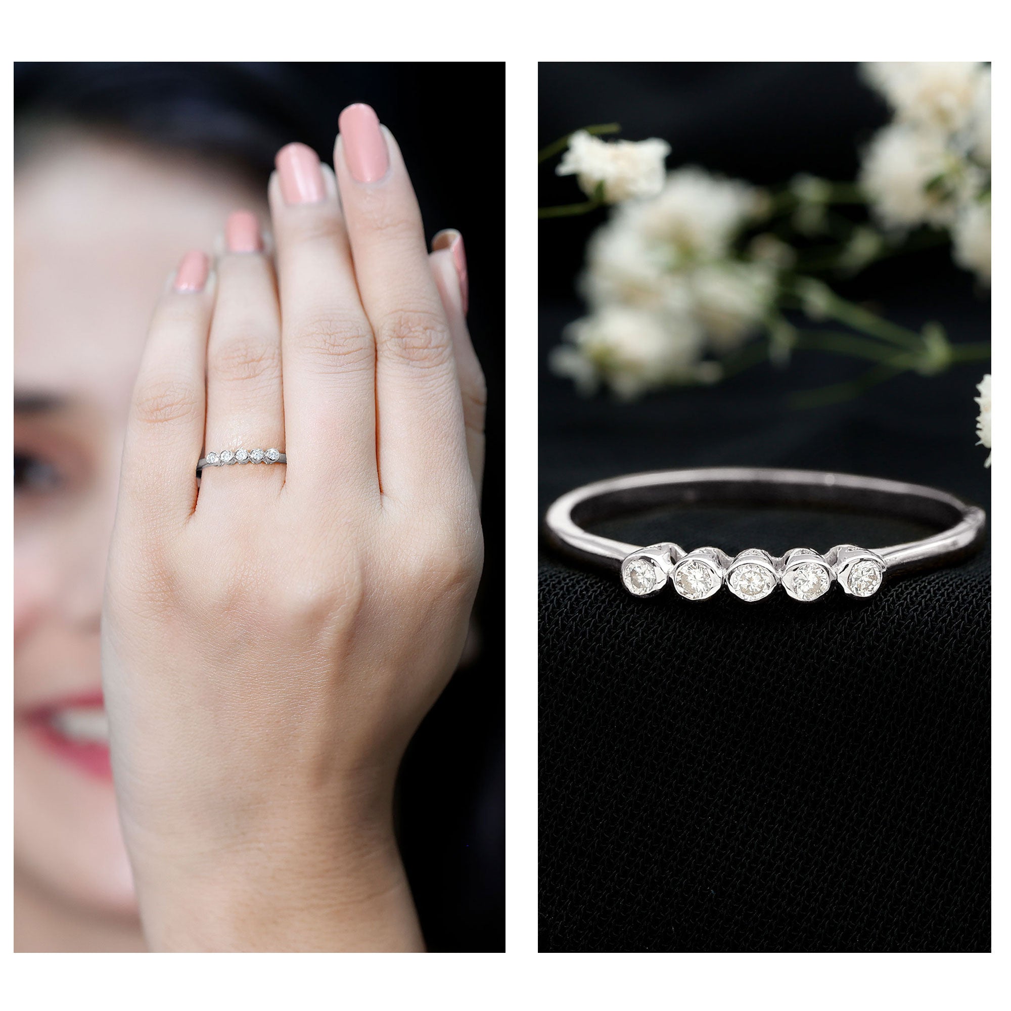 Natural Diamond Five Stone Promise Ring Natural - ( HI-SI ) - Rosec Jewels