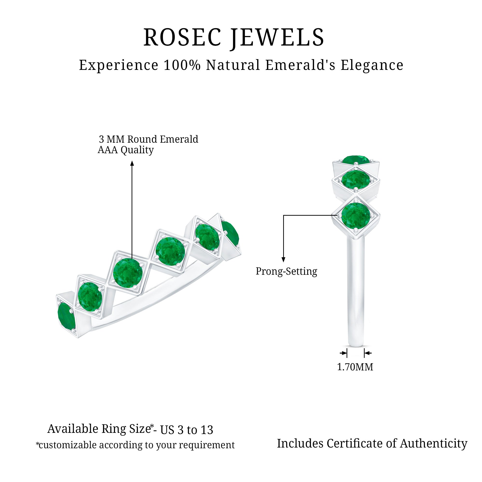 Geometric Emerald Half Eternity Ring for Women AAA - Rosec Jewels