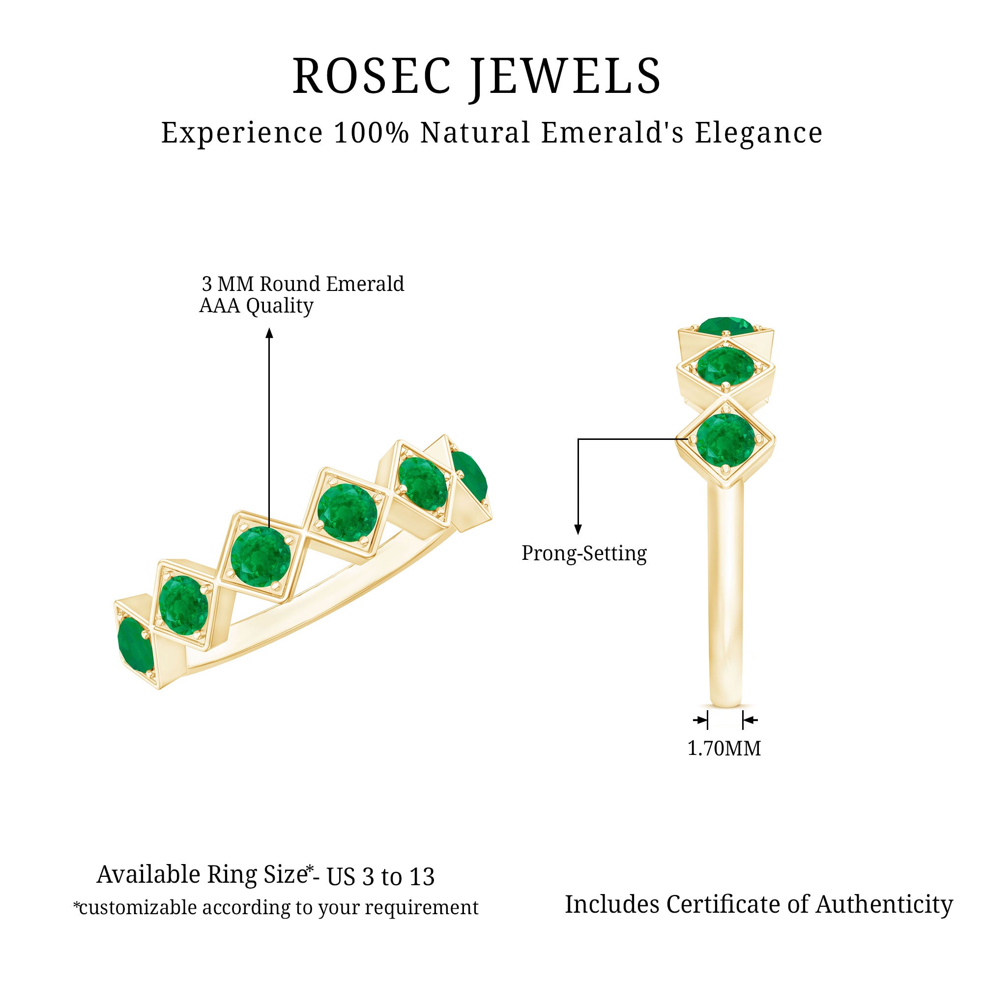 Geometric Emerald Half Eternity Ring for Women AAA - Rosec Jewels