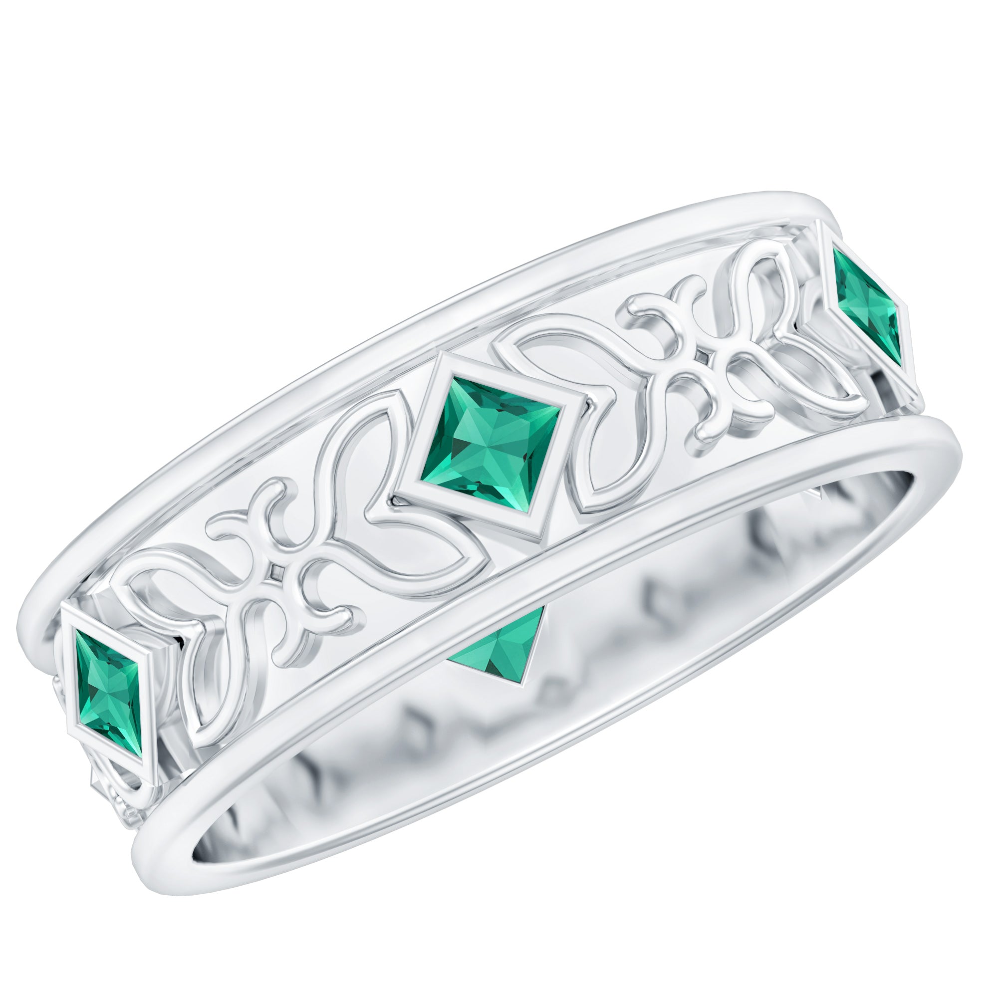 Princess Cut Lab Created Emerald Vintage Inspired Wedding Band AAAA - Rosec Jewels