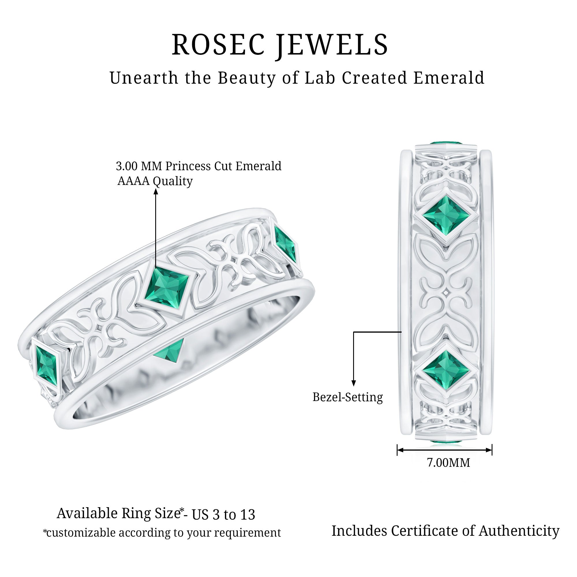 Princess Cut Lab Created Emerald Vintage Inspired Wedding Band AAAA - Rosec Jewels