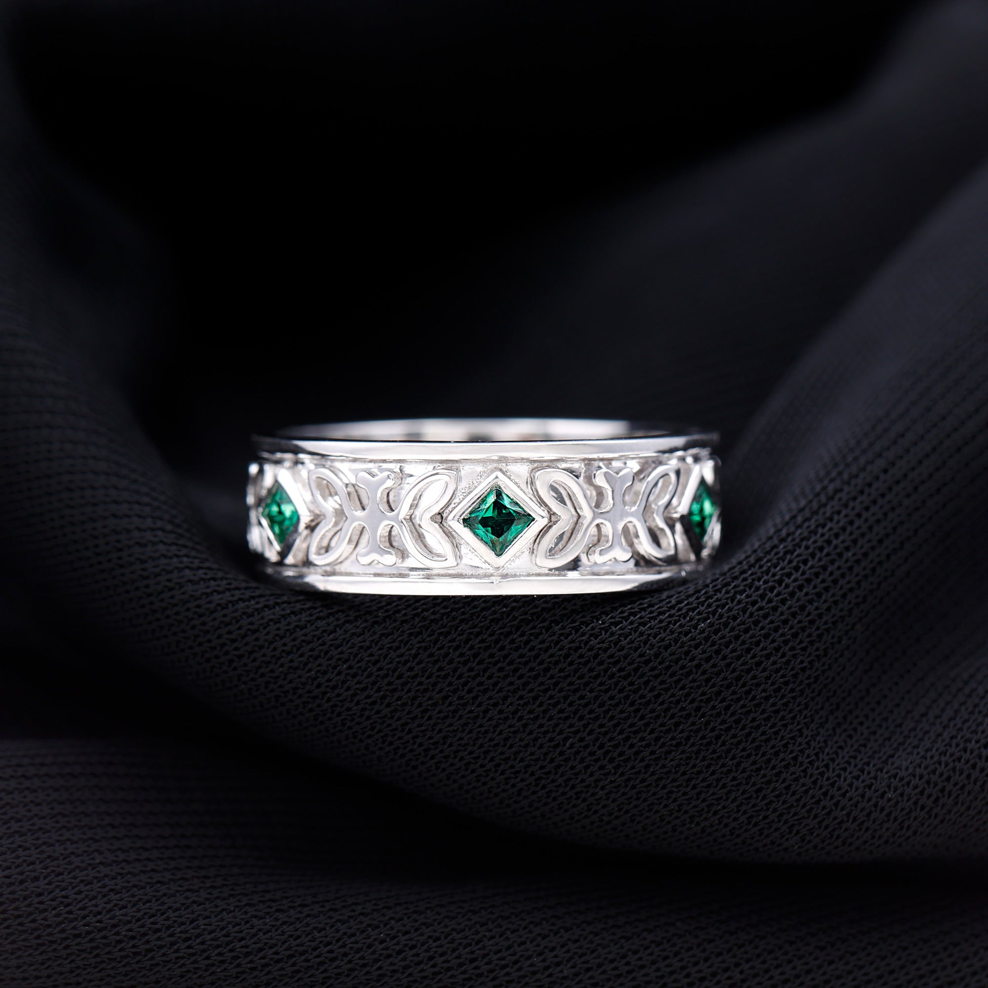 Princess Cut Lab Created Emerald Vintage Inspired Wedding Band AAAA - Rosec Jewels