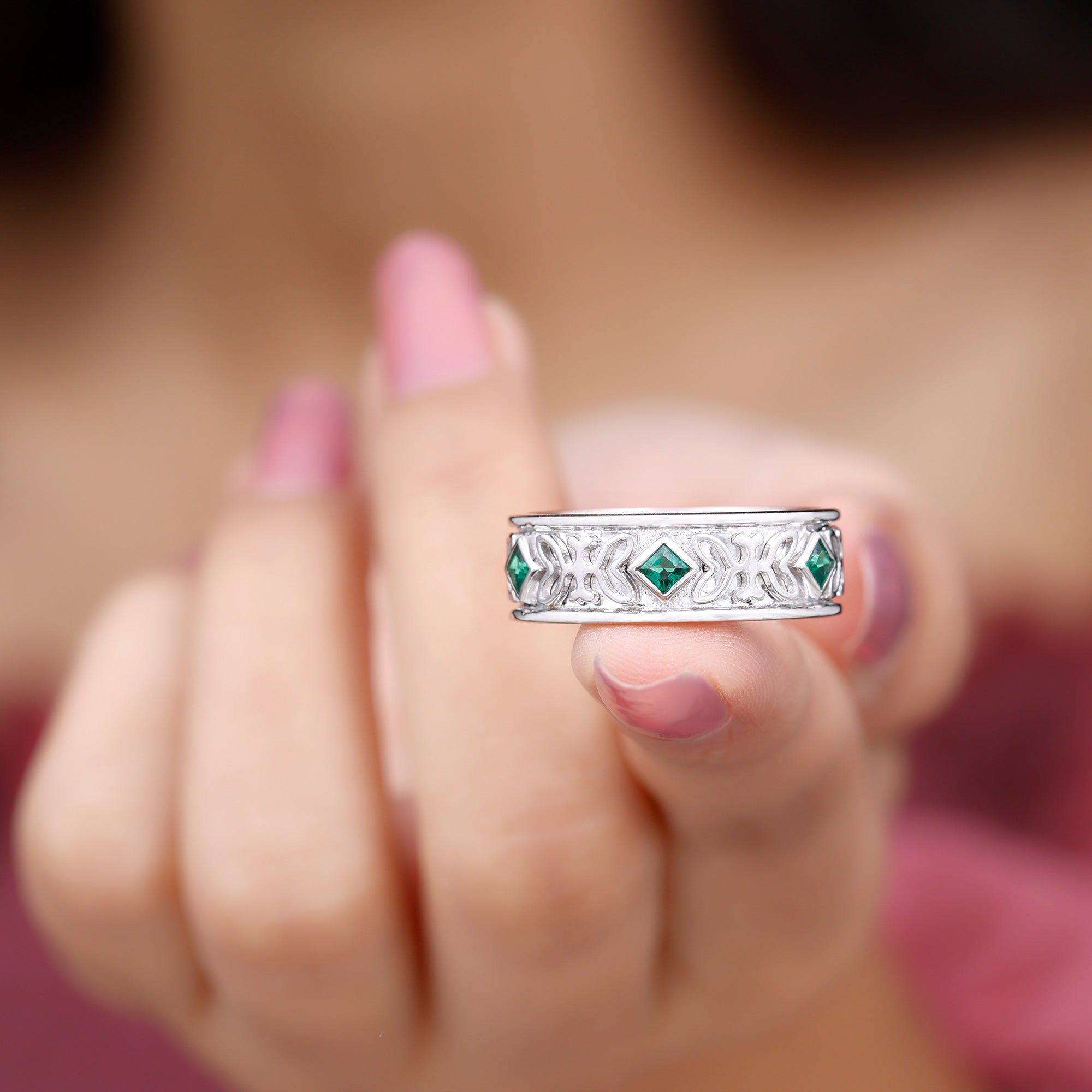 Princess Cut Lab Created Emerald Vintage Inspired Wedding Band AAAA - Rosec Jewels