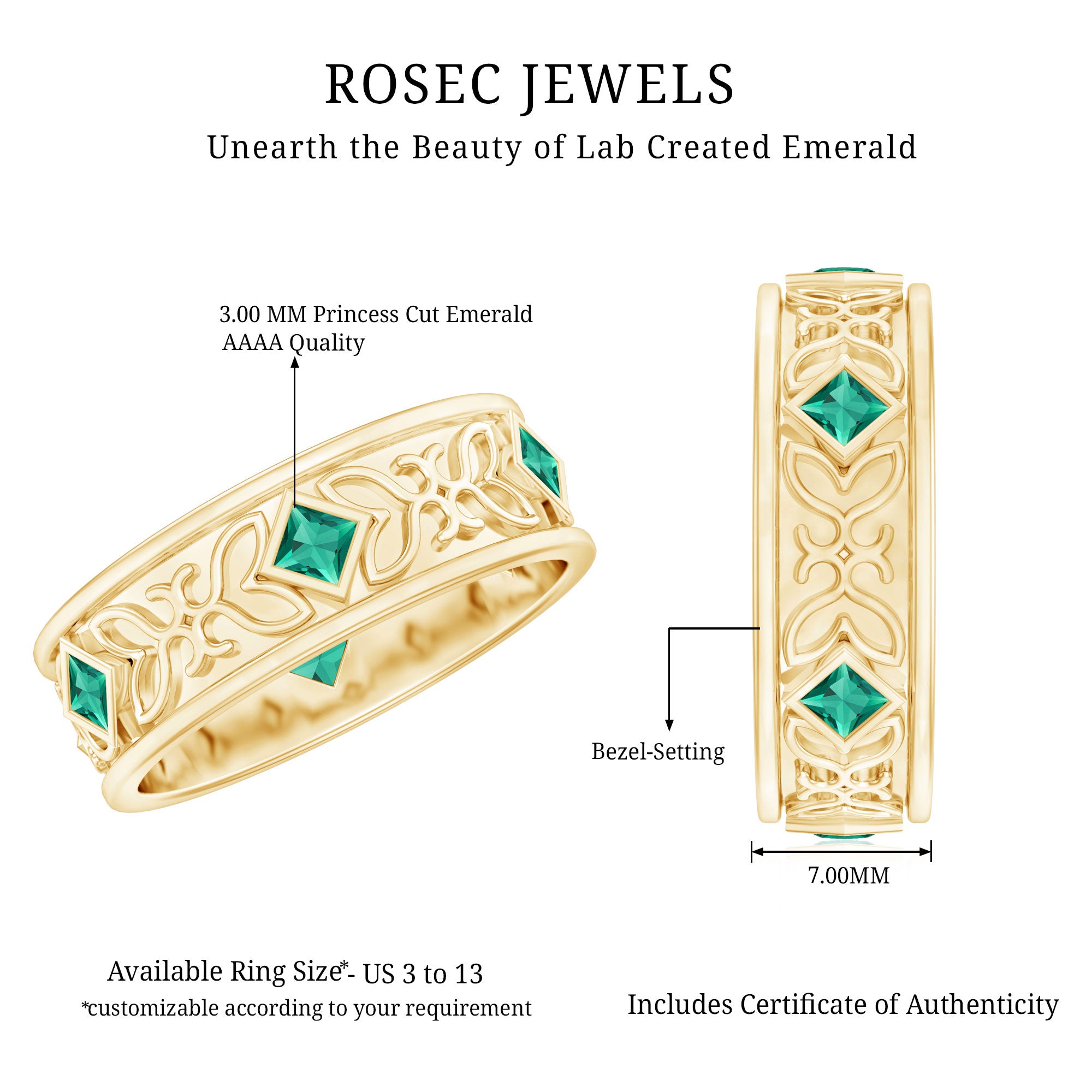 Princess Cut Lab Created Emerald Vintage Inspired Wedding Band AAAA - Rosec Jewels